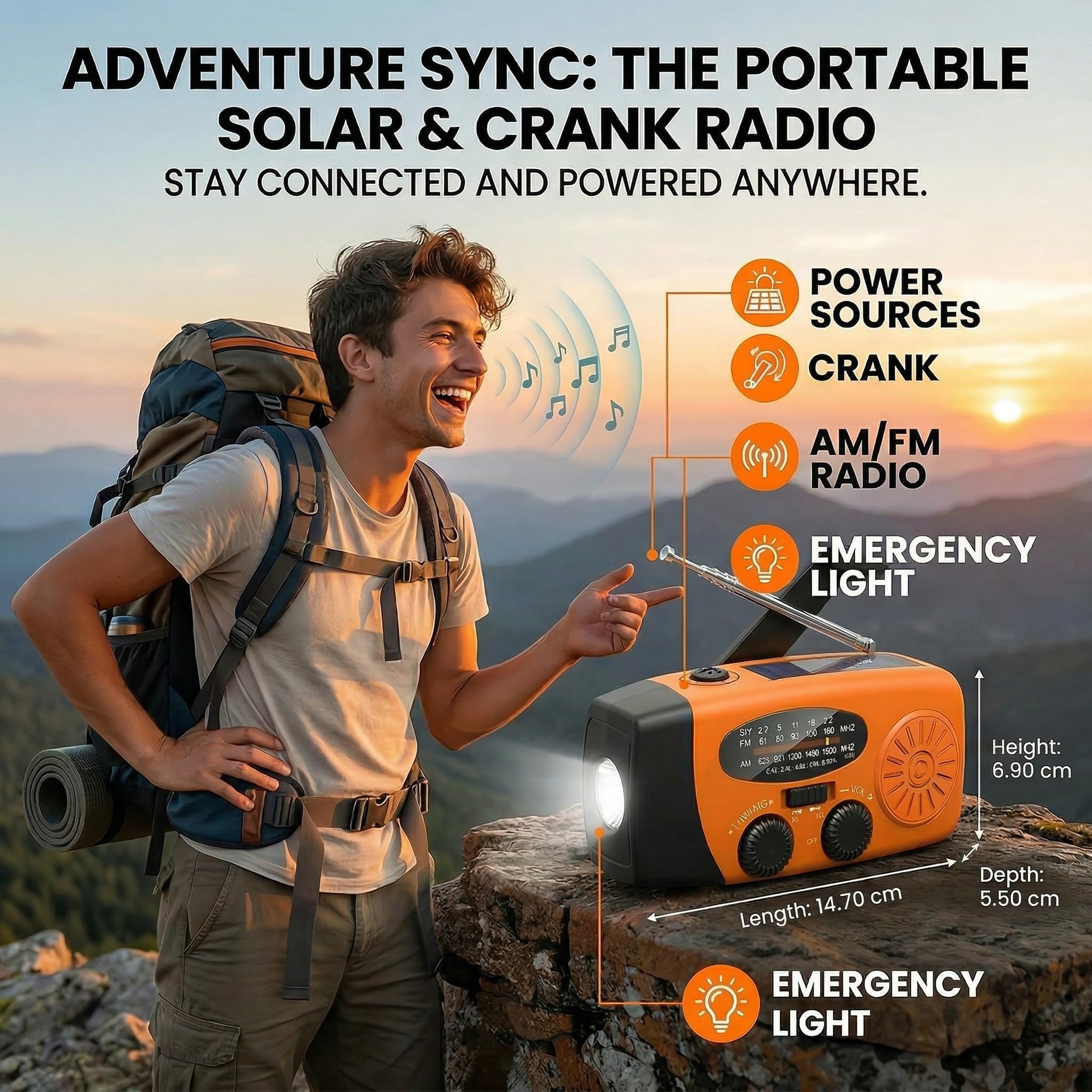 Notfallradio, Kurbelradio mit 2000mAh Power Bank & Solar, AM/FM Radio mit SOS-Alarm Leselicht, Innen Außen Camping