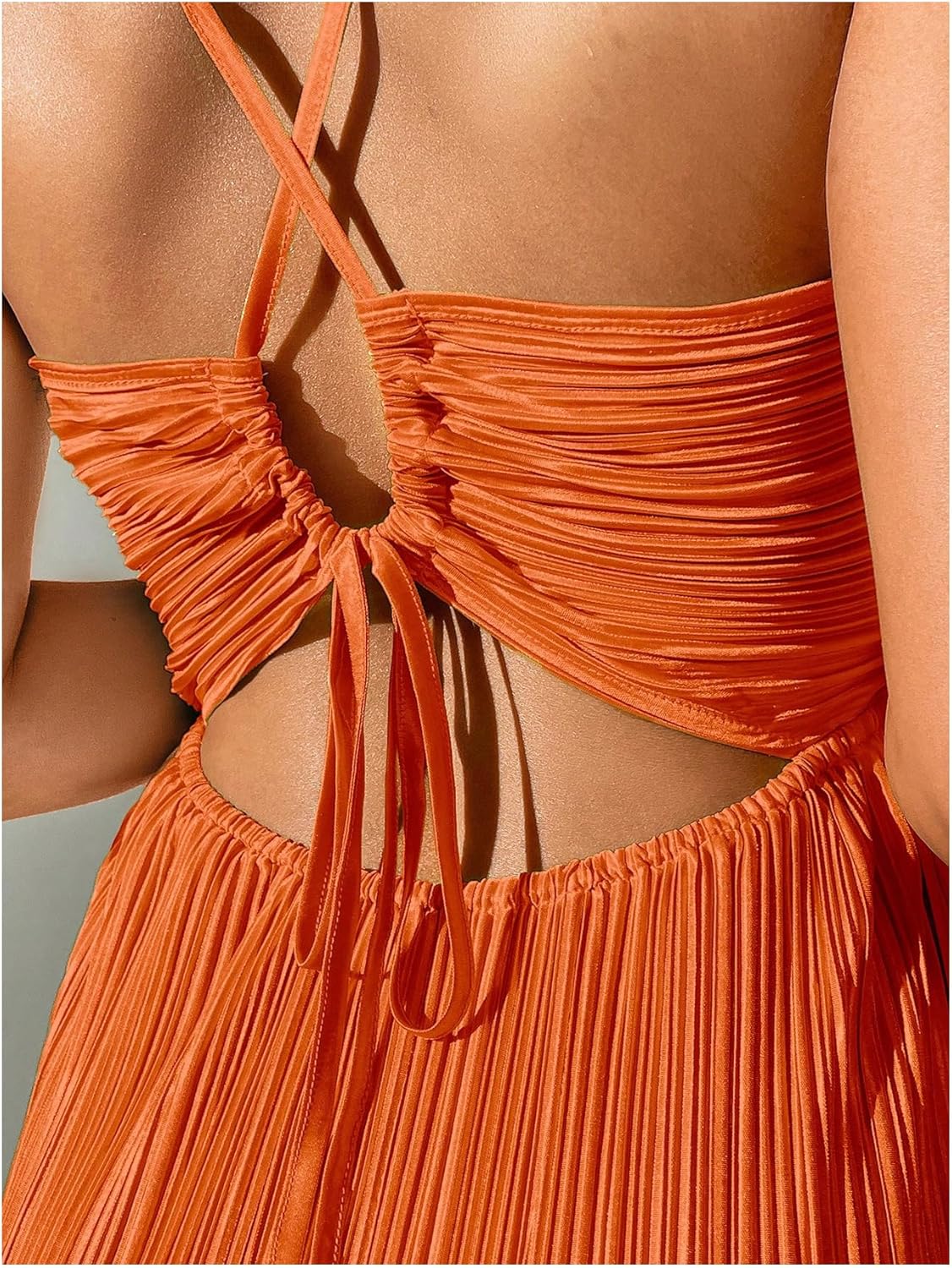 OYOANGLE Women's Summer Textured V Neck Sundress Tie Back Spaghetti Strap Pleated A Line Beach Long Maxi Party Dress - Image 4