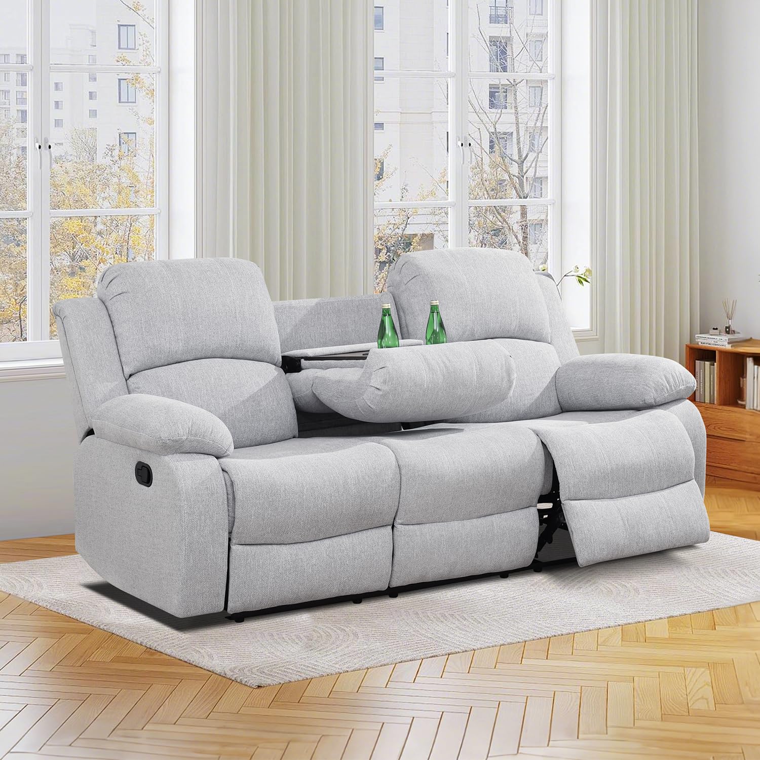 SIENWIEY Manual Recliner Sofa, Reclining Couch with Cup Holders，3 Seats Couch with Pull Down Coffee Table for Living Room/Office/Lounge/Club/Rv Car（