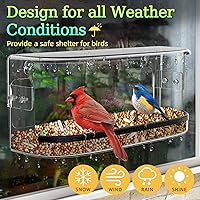 Vista 4 de Ermete Comedero para pájaros de ventana con ventosas fuertes, alimentador transparente de visión grande, bandeja de semillas, 13 x 5.5 x 4.2