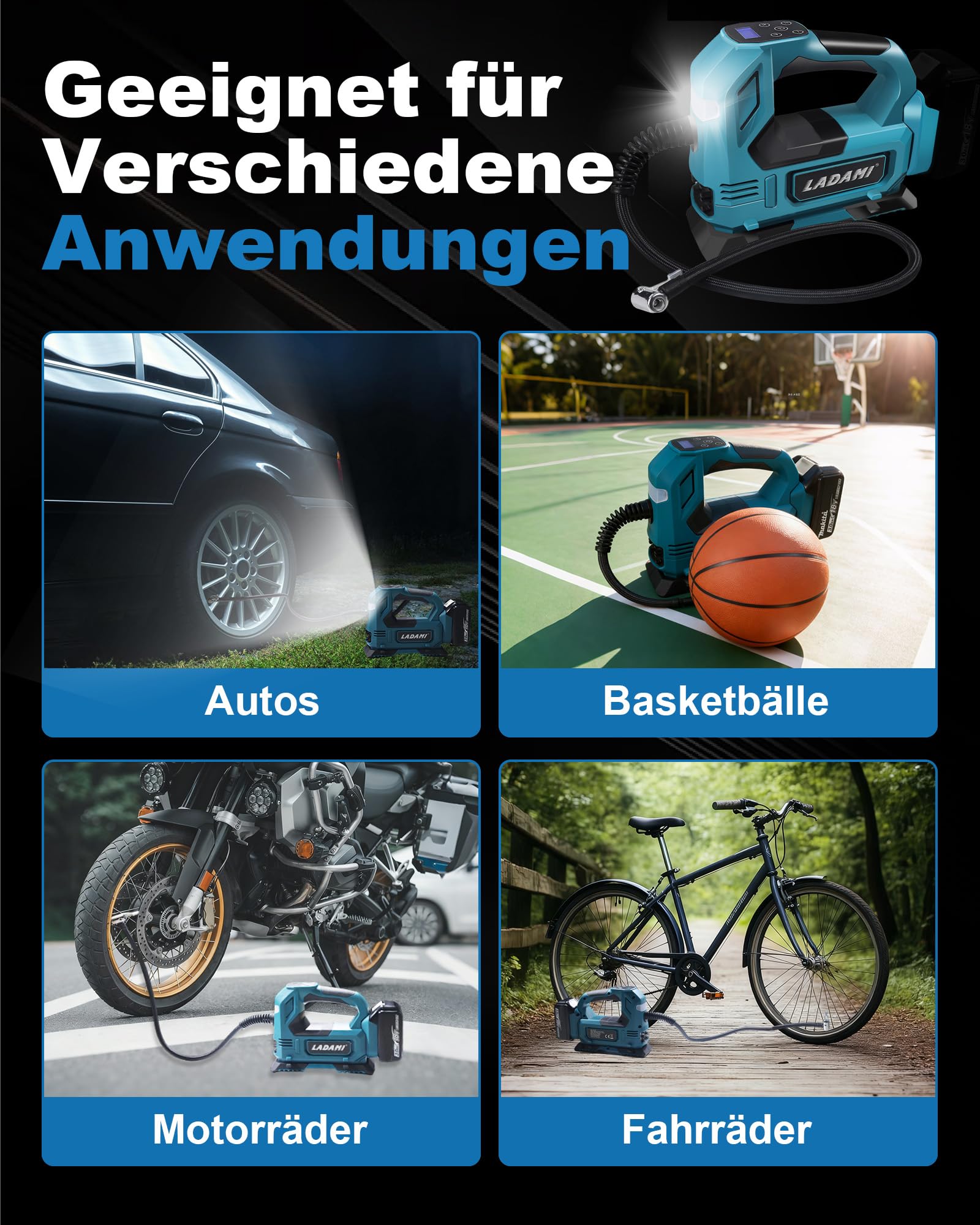 Akku-Kompressor für Makita 18V,Akku Luftpumpe bis150 PSI mit LED-Licht & Autostopp,Tragbare Luftpumpe mit Digitales Manometer,Elektrischer Luftkompressor für Auto, Motorrad,Fahrrad,Sportbälle