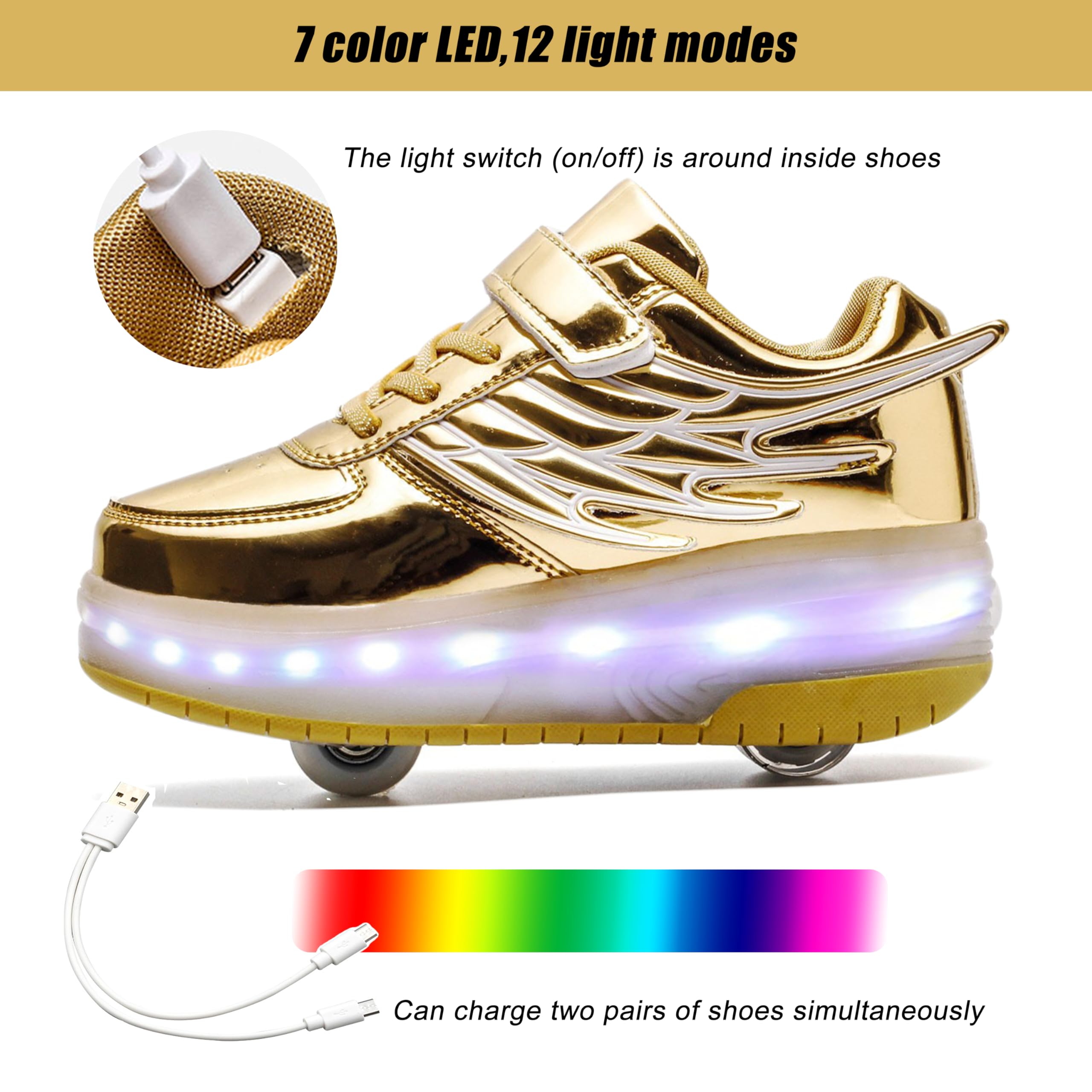 AIkuass Roller Skates- Kids USB Charge Roller Shoes for Girls Boys Kids LED Light Up Sneakers As Best Gift for Party Birthday Christmas Day (1.5 Little Kid) Golden