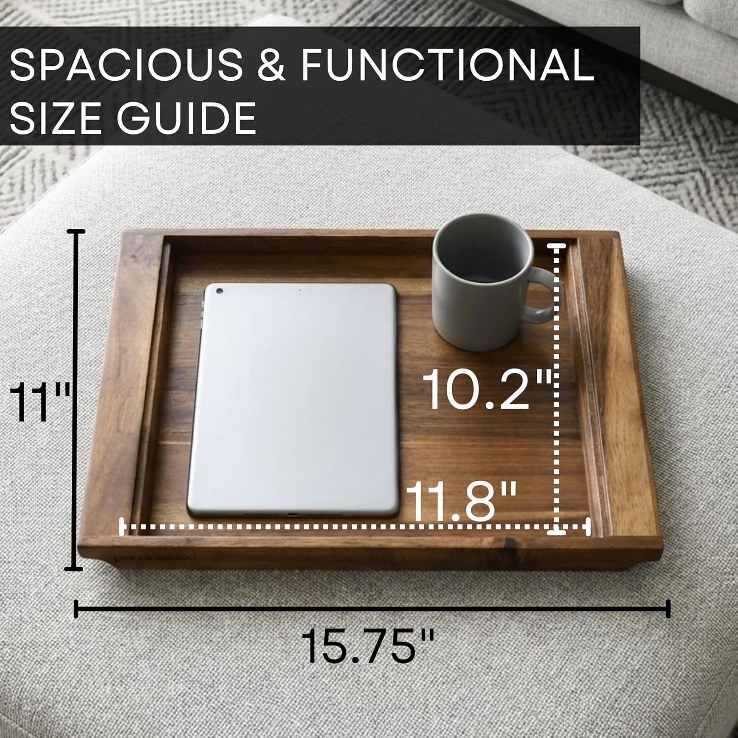 PANDAWOOD Wood Serving Tray with Handles - Large Acacia Wooden Tray for Coffee Table Ottoman Kitchen Counter - Decorative Food Tray Serving Platter - Rectangle Dinner Tray 15.7"x11"