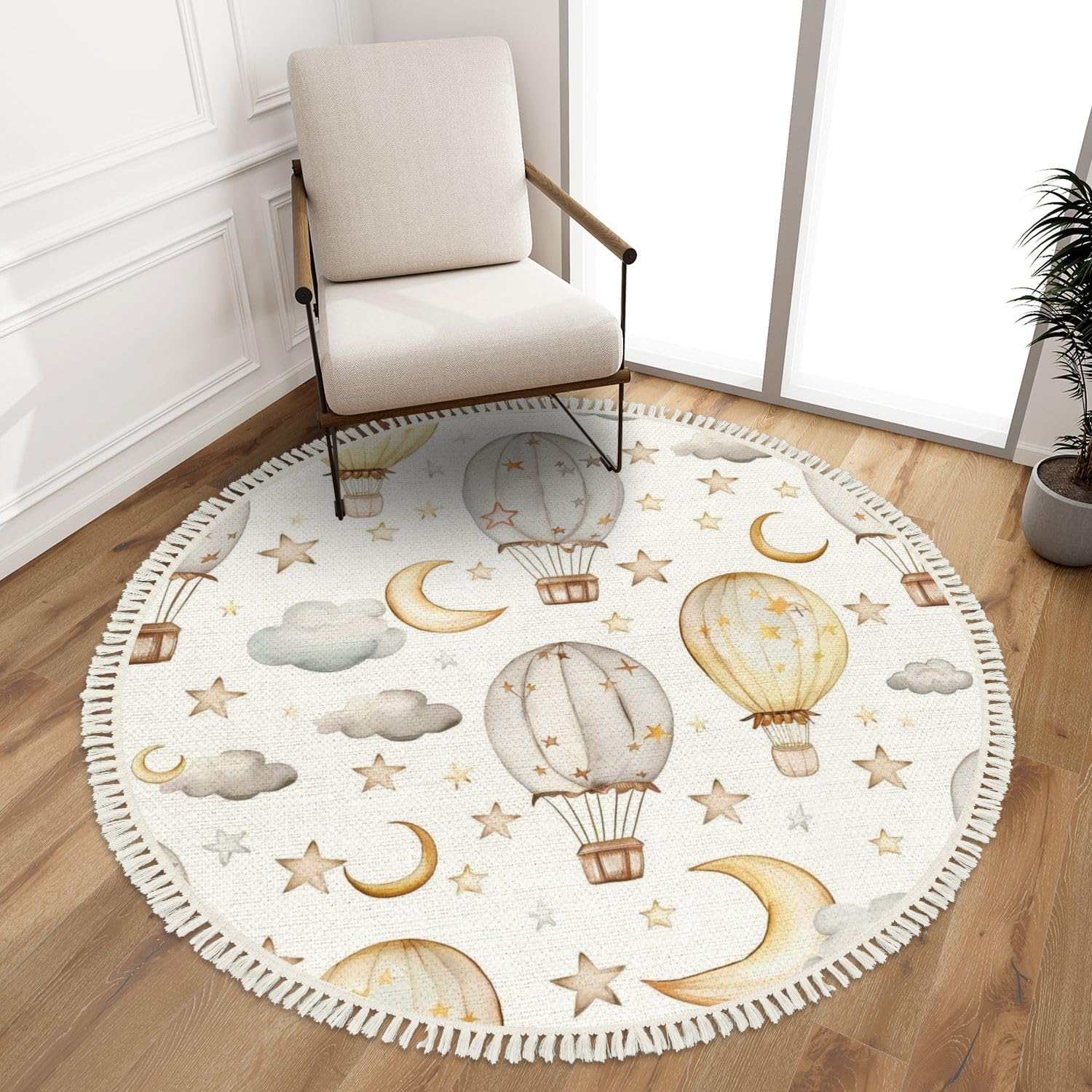 Round Rugs Hot air Balloon Cloud Seamless Pattern Vintage Children Cute Print Boho Area Rug Linen and Cotton Carpet Meditation Rug Washable Hallway Runner Mat Accent Rug for Bedroom Nursery 4ft