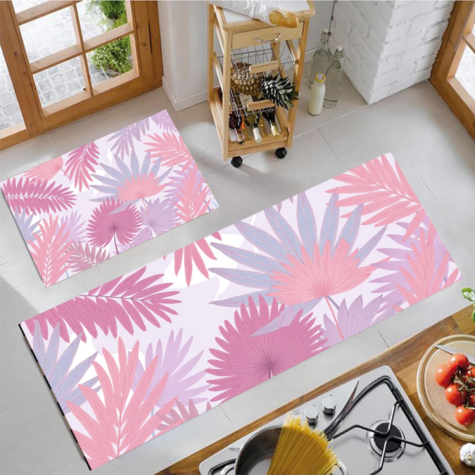 Alfombras de cocina lavables y antideslizantes con diseño de hojas de palmera rosa, set de 2