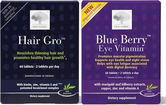 NEW NORDIC Hair & Eye Support Tablets Bundle, Hair GRO Natural Hair Growth and Blue Berry Eye Vitamin Supplements