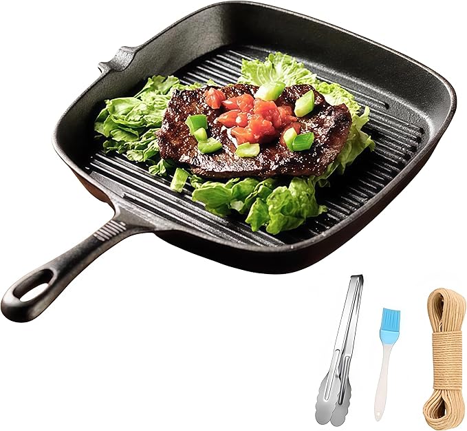 Cast Iron Grill Pan, 9.5 inch Square Grill Pan Skillet with Pour Spout, Cast Iron Griddle Pan with Small Meat Tong, Oil Brush & Hemp Rope for Stove Tops, Gas, Induction, Grill, Campfire, Oven Safe
