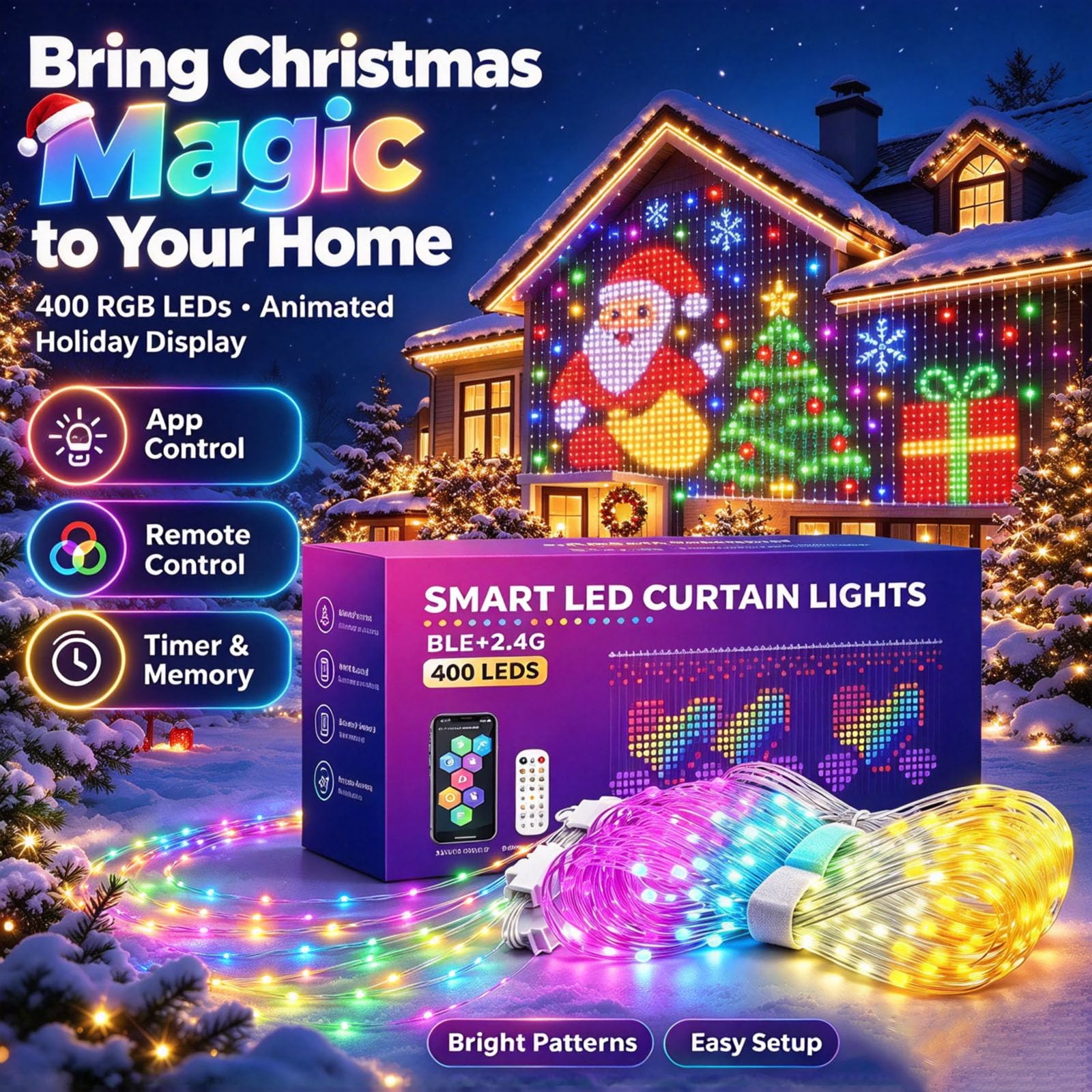 Adius Tenda Luminosa Natale con Immagini, 400 RGB LEDs (200x200cm)