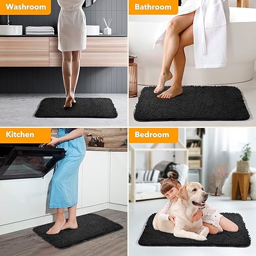 Miniatura 6 de Yeaban Alfombras de baño negras  Gruesas alfombras de baño de chenilla  Alfombras de baño absorbentes y lavables antideslizantes, alfombras de baño