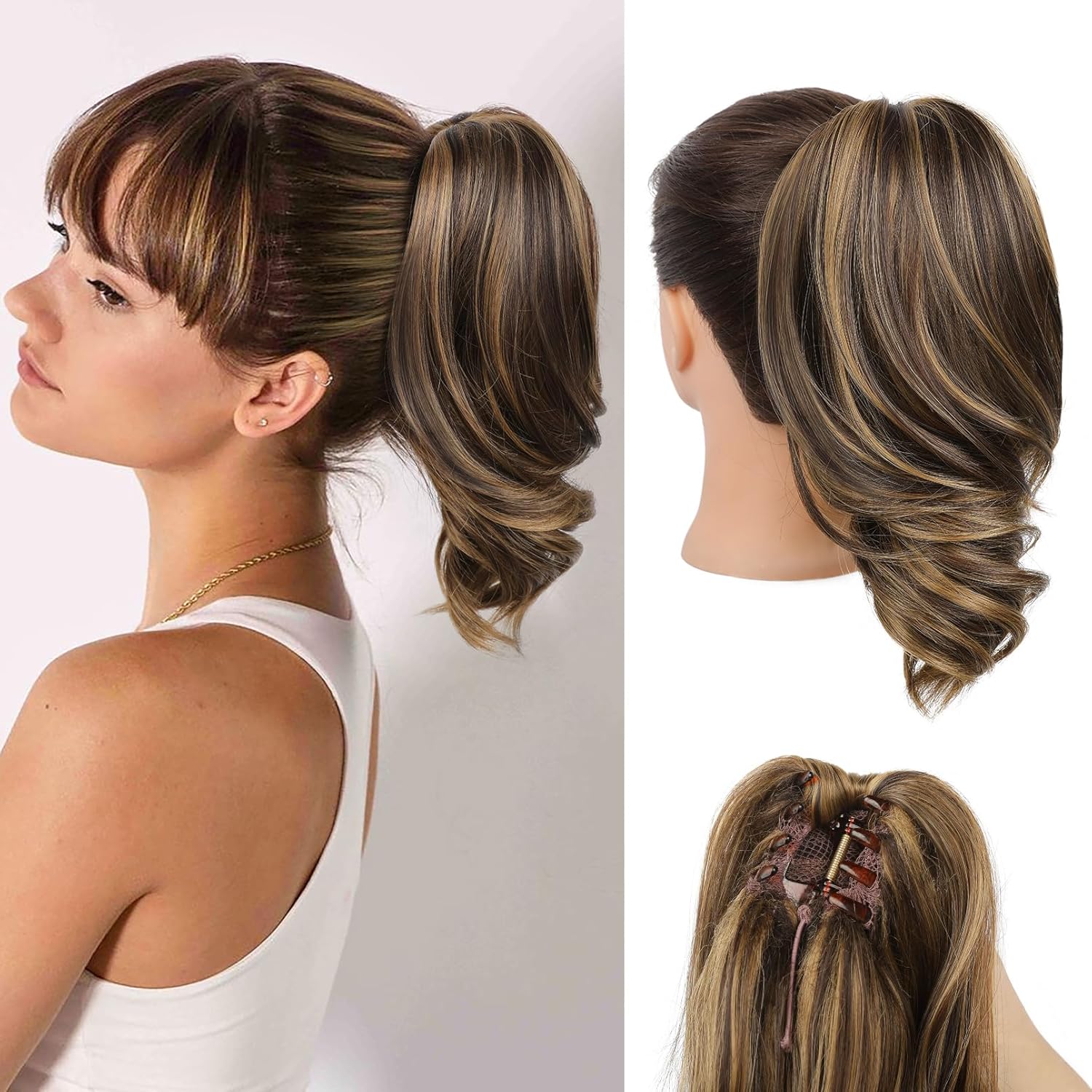 Ponytail Extension, 12″ Claw Clip in Ponytail Hair Extensions Natural Soft Synthetic Natural Wave Pony Tail Hair Pieces for Women – Dark Brown with Highlights