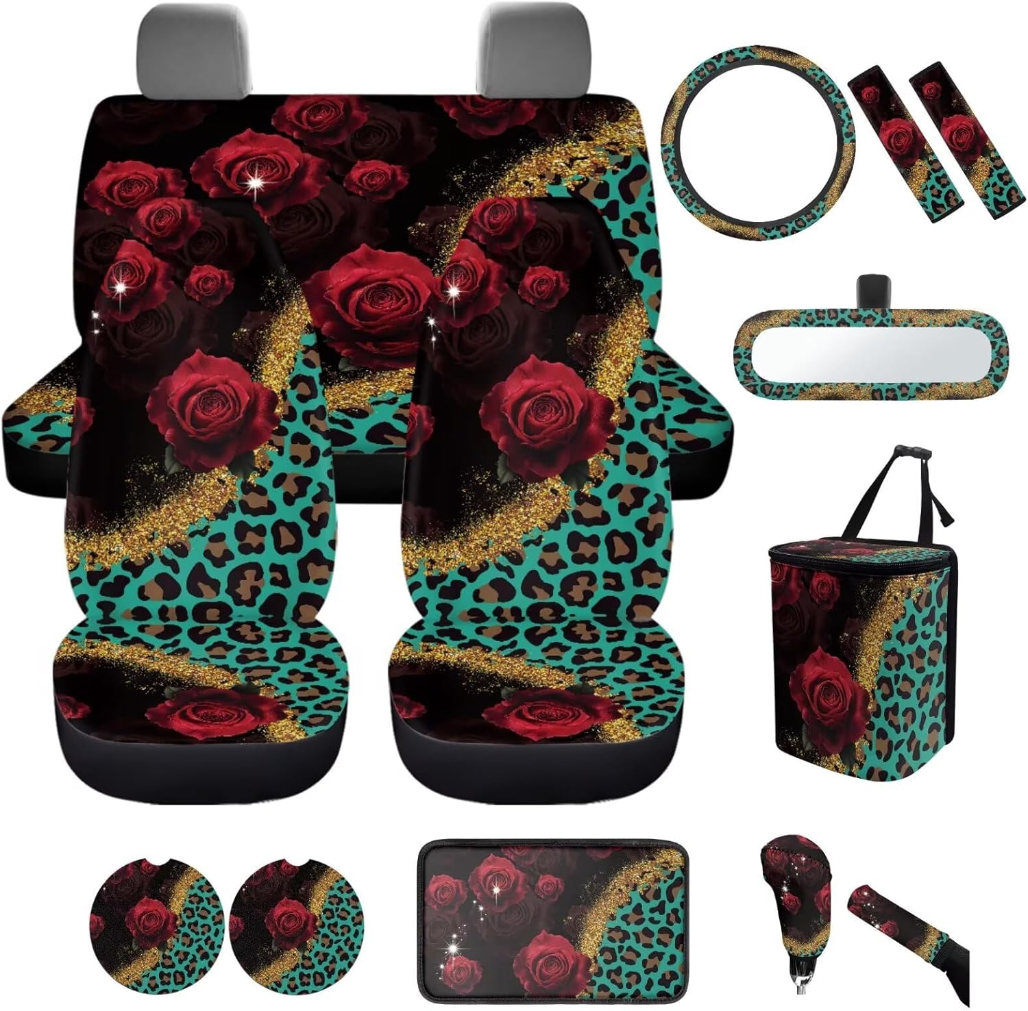 Blue Ssea Turtle Car Aaccessories Full Set of 14 Pcs,Sea Turtle Car Seat Covers Set with Rear View Mirror Cover,Steering Wheel Covers,Car Trash Can with Lid for Women Man,Universal Fit