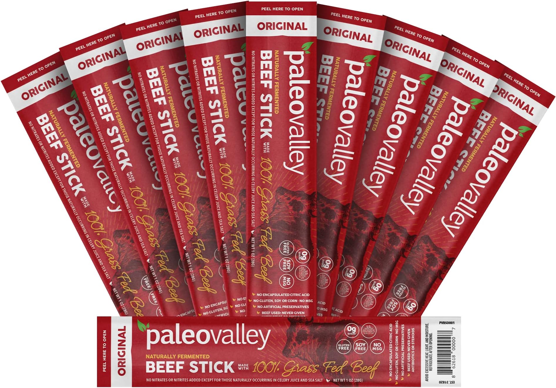 Paleovalley 100% Grass Fed Original Beef Sticks - Delicious Gluten Free Beef Snack - High Protein Keto Friendly