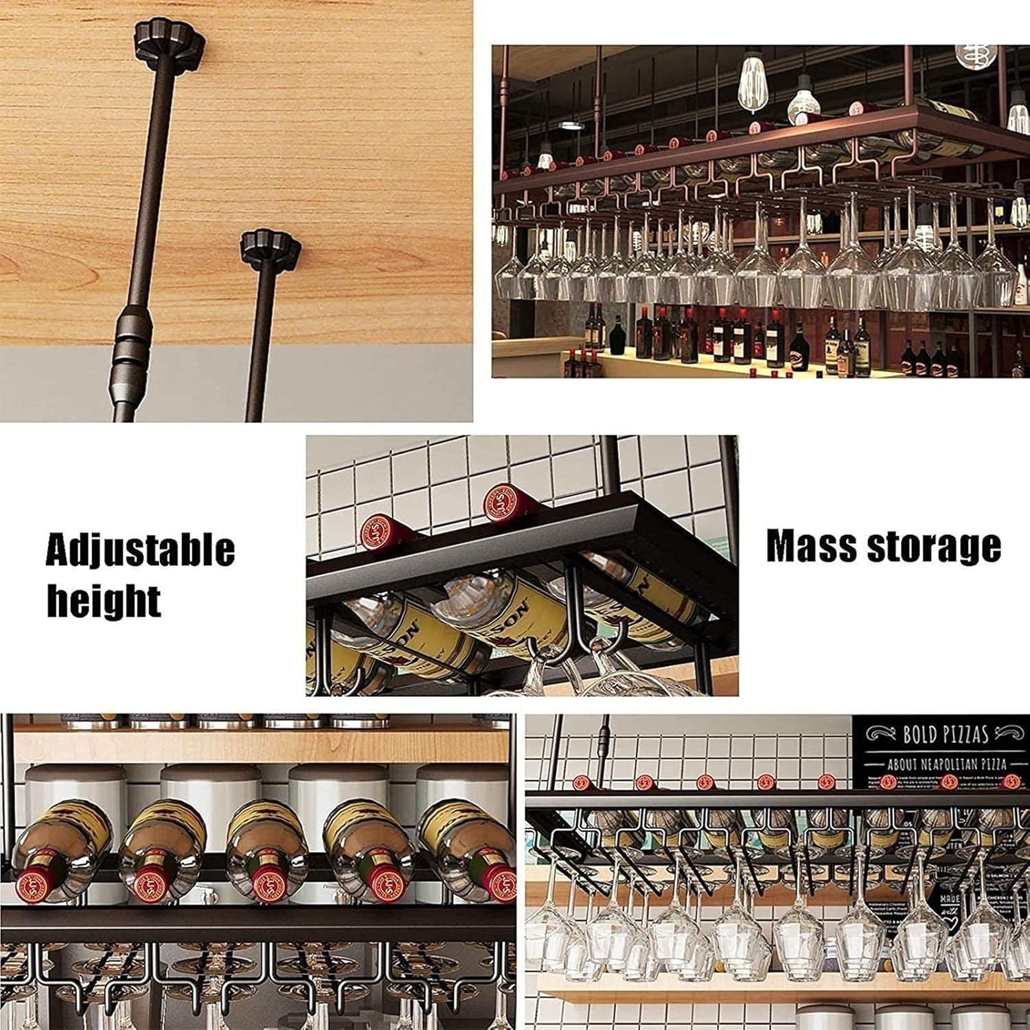 Ceiling Wine Glass Rack Ceiling Wine Racks,Adjustable Height,Vintage Metal Wine Holder Stemware Goblets,Wine Bottle Holder,Suitable for Bars,Kitchens,Restaurant