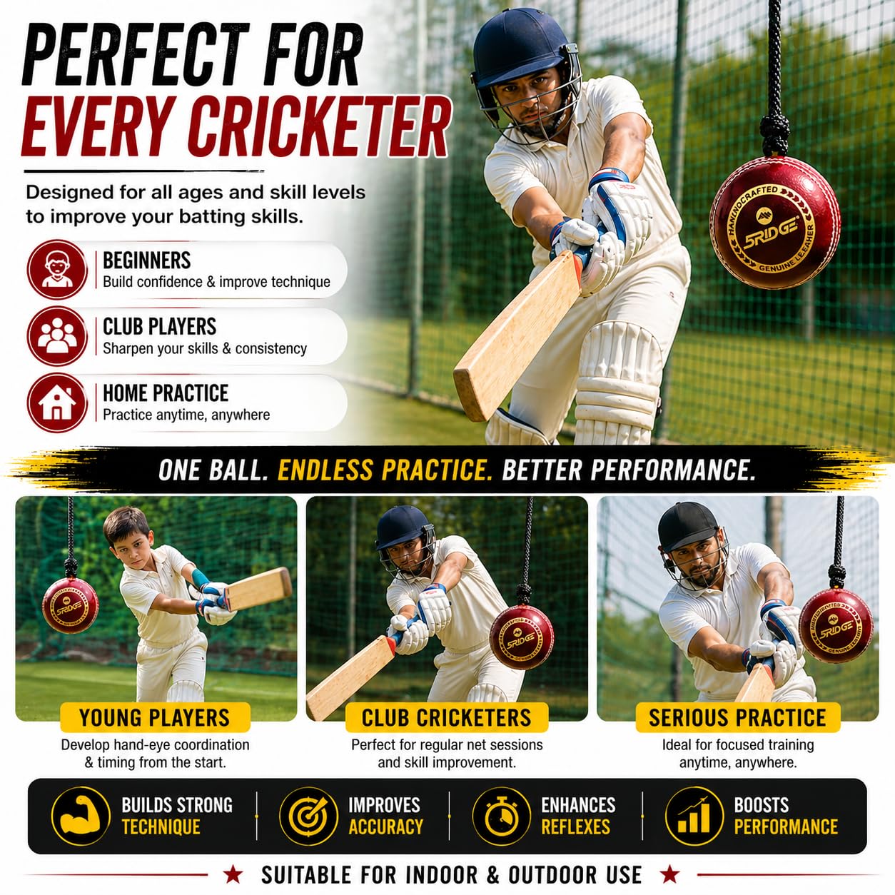 Cricketball - Entwickeln Sie Hand-Augen-Koordination, Leder-Ball zum Üben und Klopfen, Cricketball mit Seil, Einheitsgröße, rot, 1 Stück