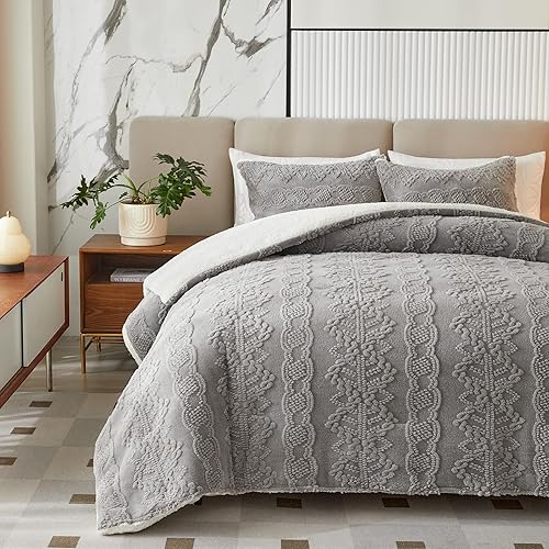 Juego de edredón de lujo de franela de forro polar Sherpa tamaño matrimonialQueen, edredón jacquard bohemio a rayas de plumón alternativo caqui,