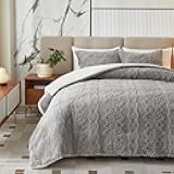 Luxury Flannel Fleece Sherpa Comforter Set Full/Queen Size, Jacquard Boho Stripes Down Alternative Comforter Grey, 3 Pieces Ultra Soft and Warm Bedding Set for Winter (1 Comforter + 2 Pillowcases)