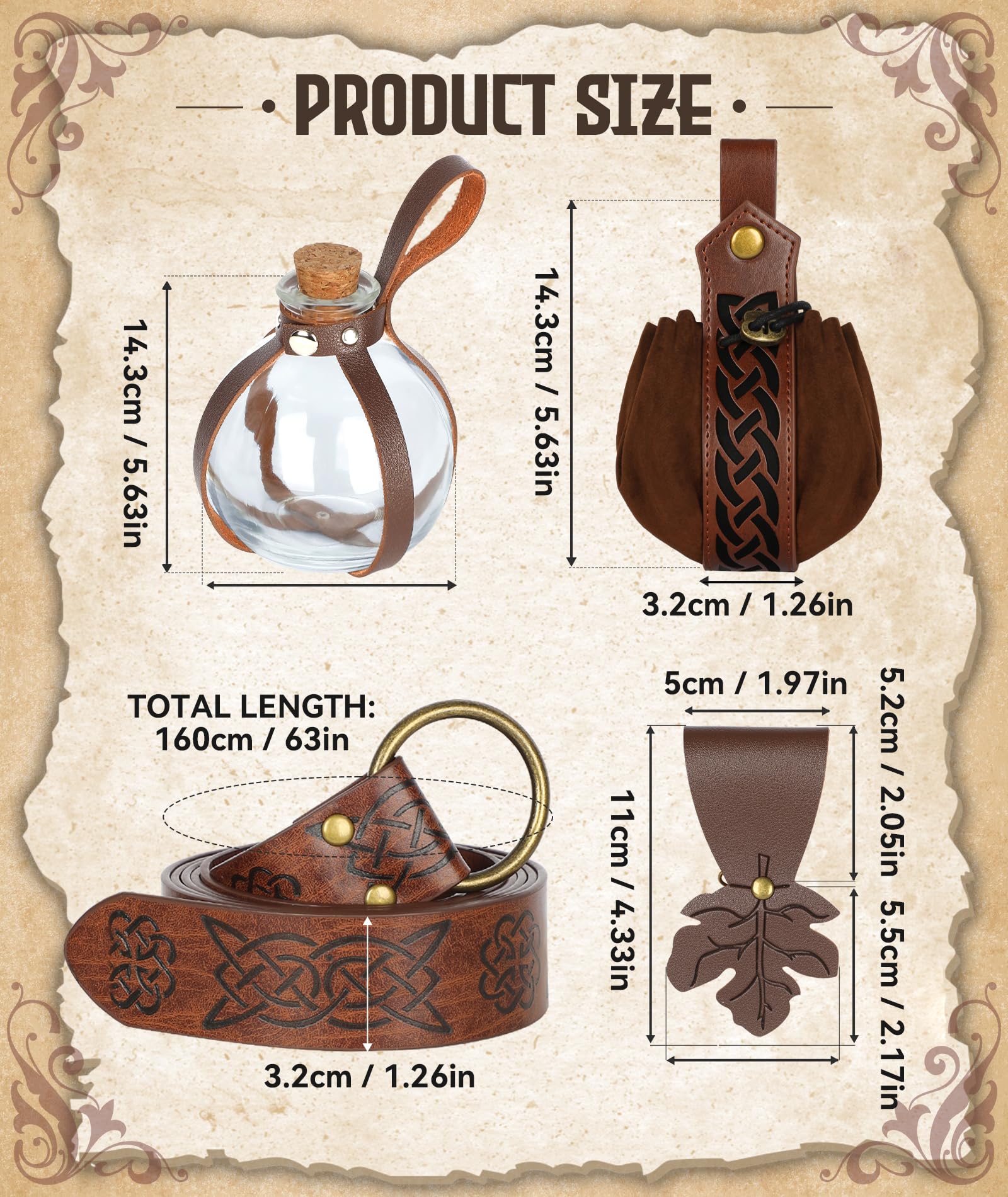 Spinosaurus 6 Pcs Medieval Viking Belt Bag Sets,Leather Belt Pouch with Potion Bottle Renaissance Accessories for Dress Up Cosplay Party Men and Women - Image 2
