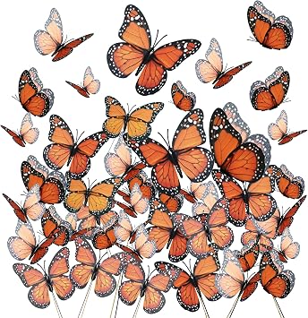 Yzurbu 24PCS Realistic Orange Monarch Butterfly Decorations Artificial Feather Butterflies with Wire Picks and Glue Dots for Halloween, Skeleton Fairies, DIY Crafts, and Floral Arrangements