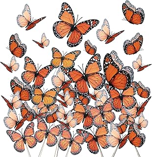Yzurbu 24PCS Realistic Orange Monarch Butterfly Decorations – Artificial Feather Butterflies with Wire Picks and Glue Dots for Halloween, Skeleton Fairies, DIY Crafts, and Floral Arrangements