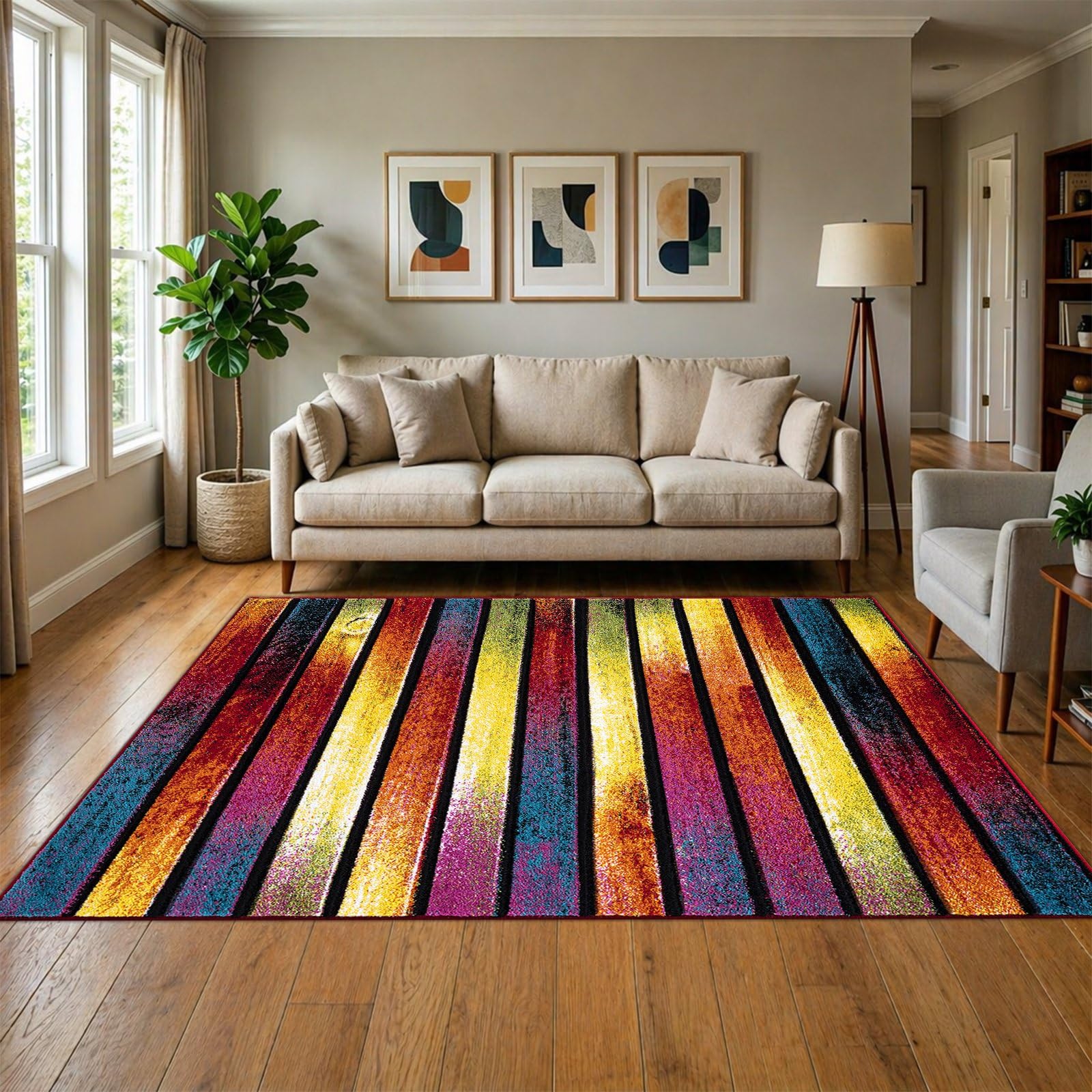 renoazul® Multi Colour Carpet Runner Rug for Living Room, Hallway, Bedroom and Office, 160 x 230 cm, Stripes, Soft Thick Pile Fluffy Thick Plush Geometric Runner Rug — image 1