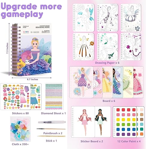 Miniatura 6 de MIROLA KIDS Libro de diseño de moda 4 en 1 para niñas, rompecabezas temático de hadas, pintura de punción con pinchazo, diamante, pintura de