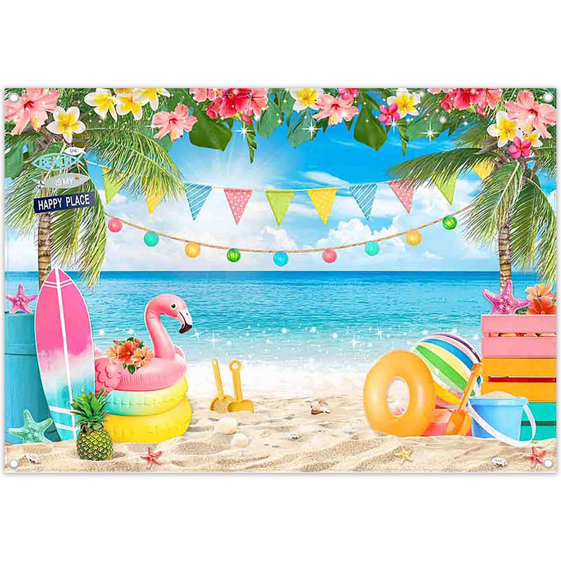 Luminora Hawaï Strand Achtergrond – 215x150 Cm – Tropisch Met Bloemen En Zwemband – Polyester – Voor Fotografie, Feesten En Wanddecoratie