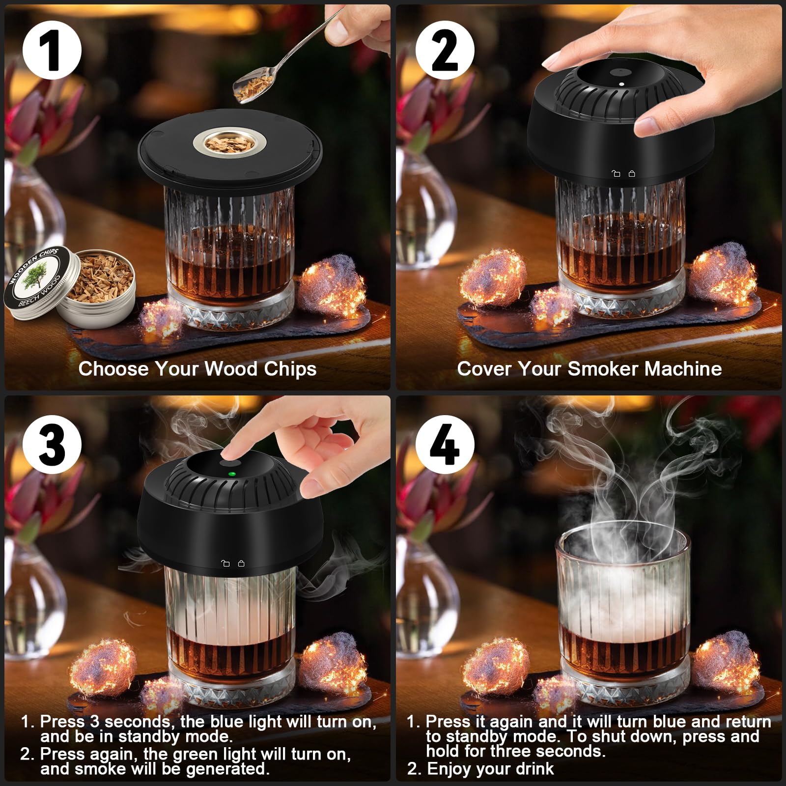 Kit Fumoir à Cocktails électrique Rechargeable - 6 Copeaux De Bois Inclus - Cadeau Pour Amateurs De Whisky