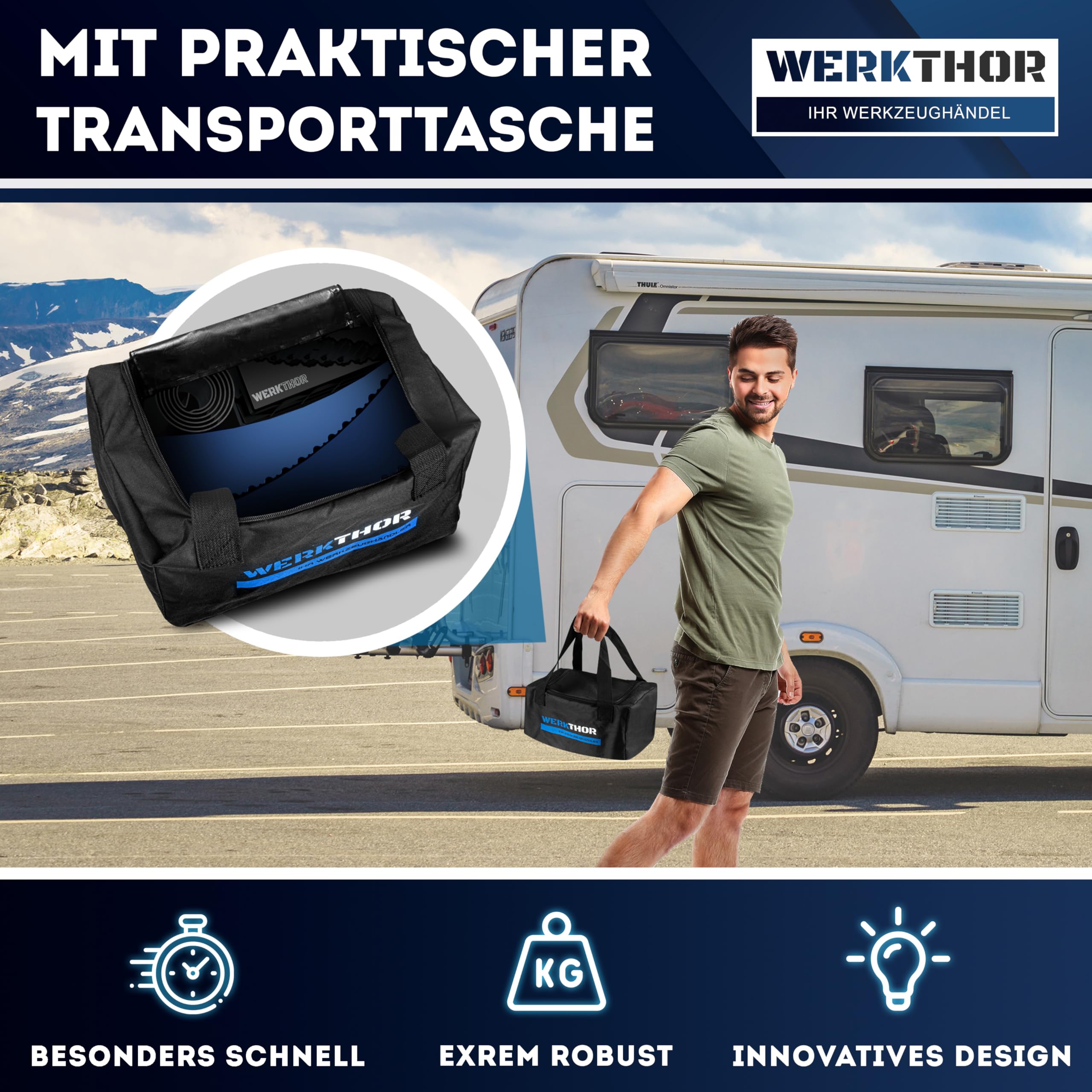 WERKTHOR Auffahrkeile – [2er Set] bewährte Auffahrkeile für Wohnmobil, Wohnwagen & Anhänger | kinderleichtes & Stufenfreies Nivellieren [<13,5t] (Blau XXL)