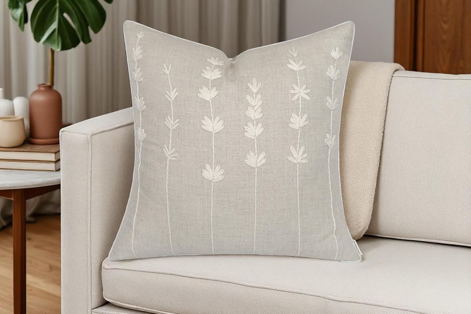 VAGMINE Hand Embroidered Linen Throw Pillow Cover 18x18 – Natural Square Decorative Accent Cushion for Sofa, Bed & Couch – Daisy