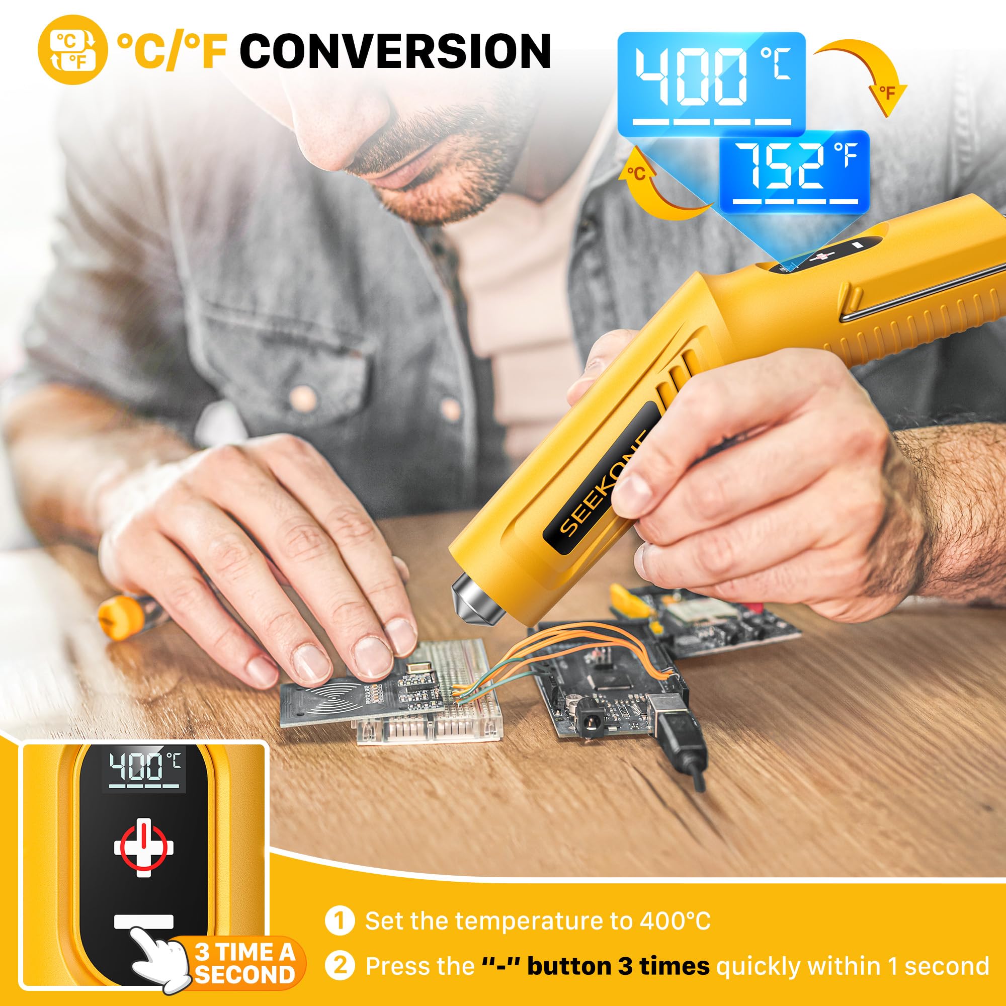SEEKONE Mini Décapeur Thermique Sans Fil 3,6 V Lithium Pistolet à Air Chaud avec 4 Températures jusqu'à 400 °C et Fonction Mémoire, Charge USB