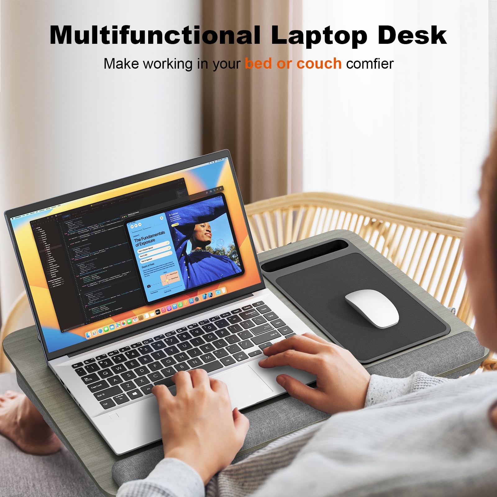 PUTORSEN Poduszka laptopowa 17,3" regulowana wysokość z uchwytem, Szary | Regulacja wysokości 7-11,5cm, podpórka, uchwyt na telefon/tablet, lekki z rączką, stabilny na łóżku i sofie
