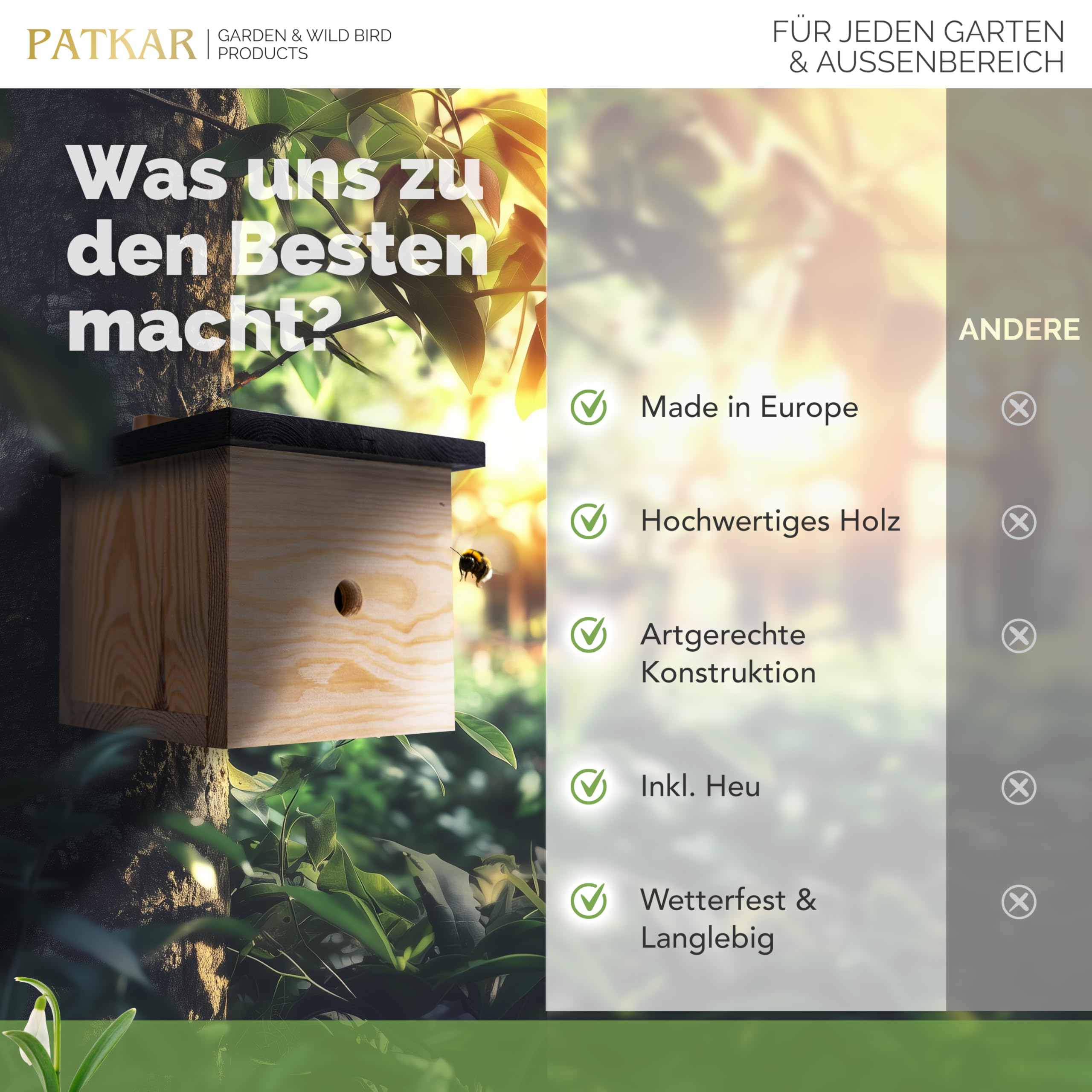PATKAR® Hummelhaus Hummelkasten [EXTRA STABIL] - Insektenhotel Bienenhotel wetterfest & windfestes Kiefernholz (Made in Europe) - Wildbienenhotel Bienenhaus für den Garten - Gebrauchsfertig montiert