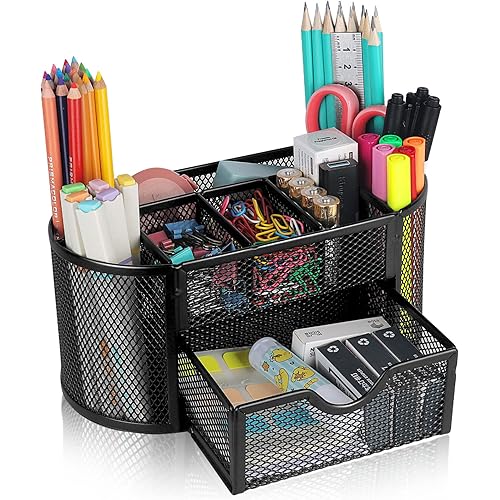 Banshou Desk Organizer Office Accessories,Mesh Desk Office Organizer with Drawer and 8 Compartments 8.66x 4.33x 4.05inch,For Office,Home,School,Classroom,kitchen(Black)