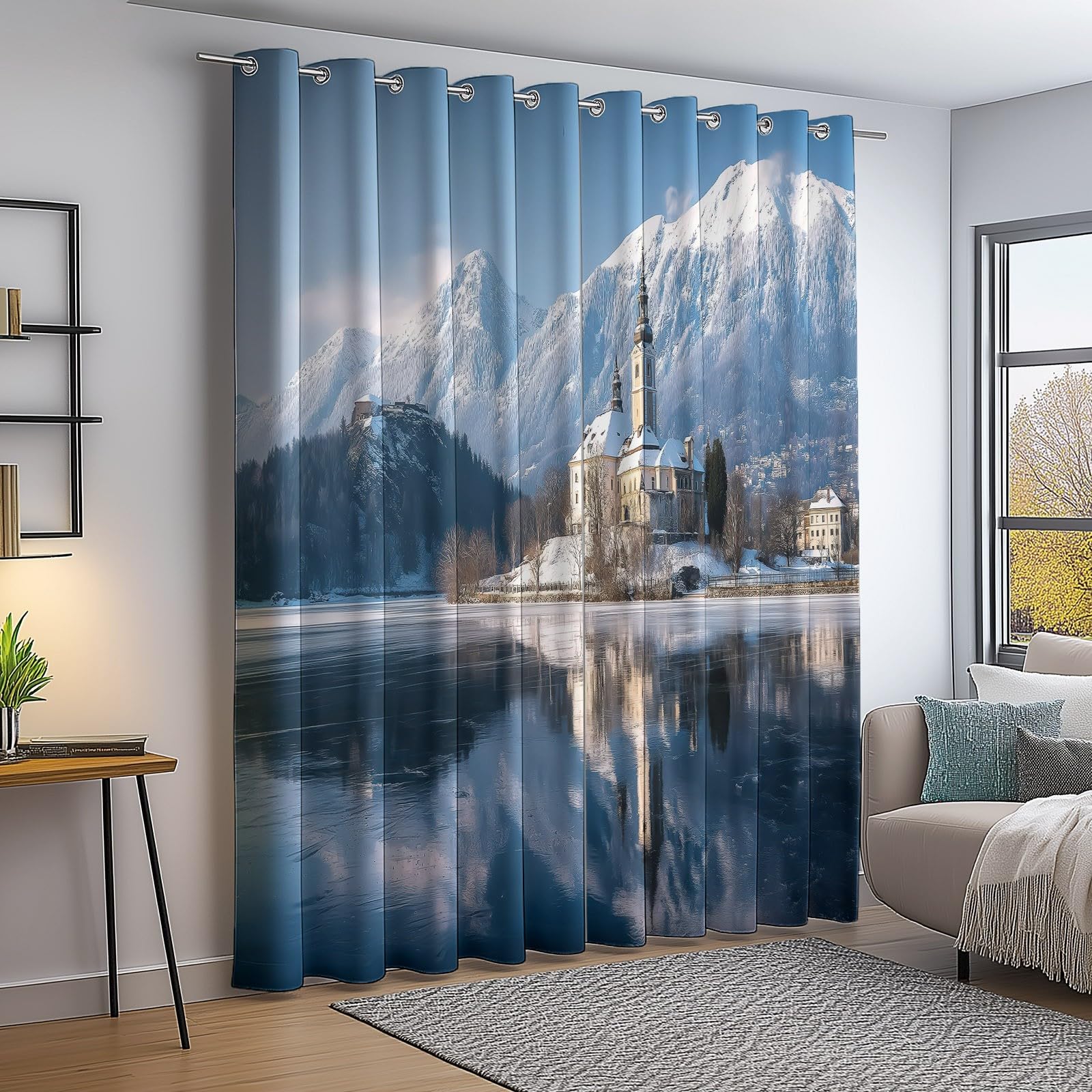 Generisch Gardinen Vorhänge Blickdicht Blau - Hochwertiger Kunst Skifahren Schlösser Print H245 x B70 cm (2er Pack) Schalvorhänge mit Stangentasche für gehobenes Wohnambiente