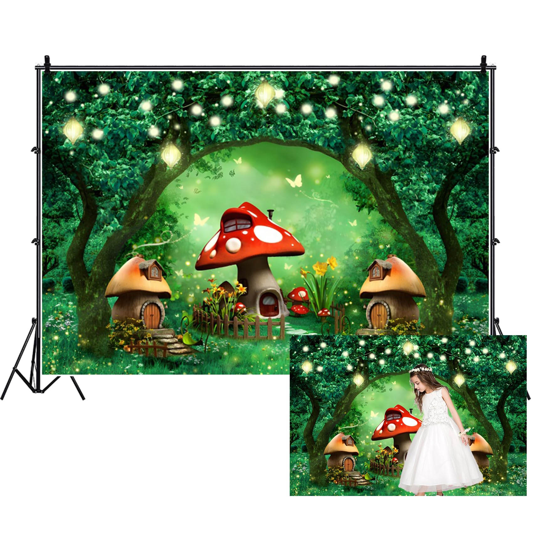 Renaiss 7x5ft Forest Mushroom House Backdrop Enchanted Forest Fairy Tale Jungle Butterfly Wonderland Woodland Fantasy Photography Background for Baby