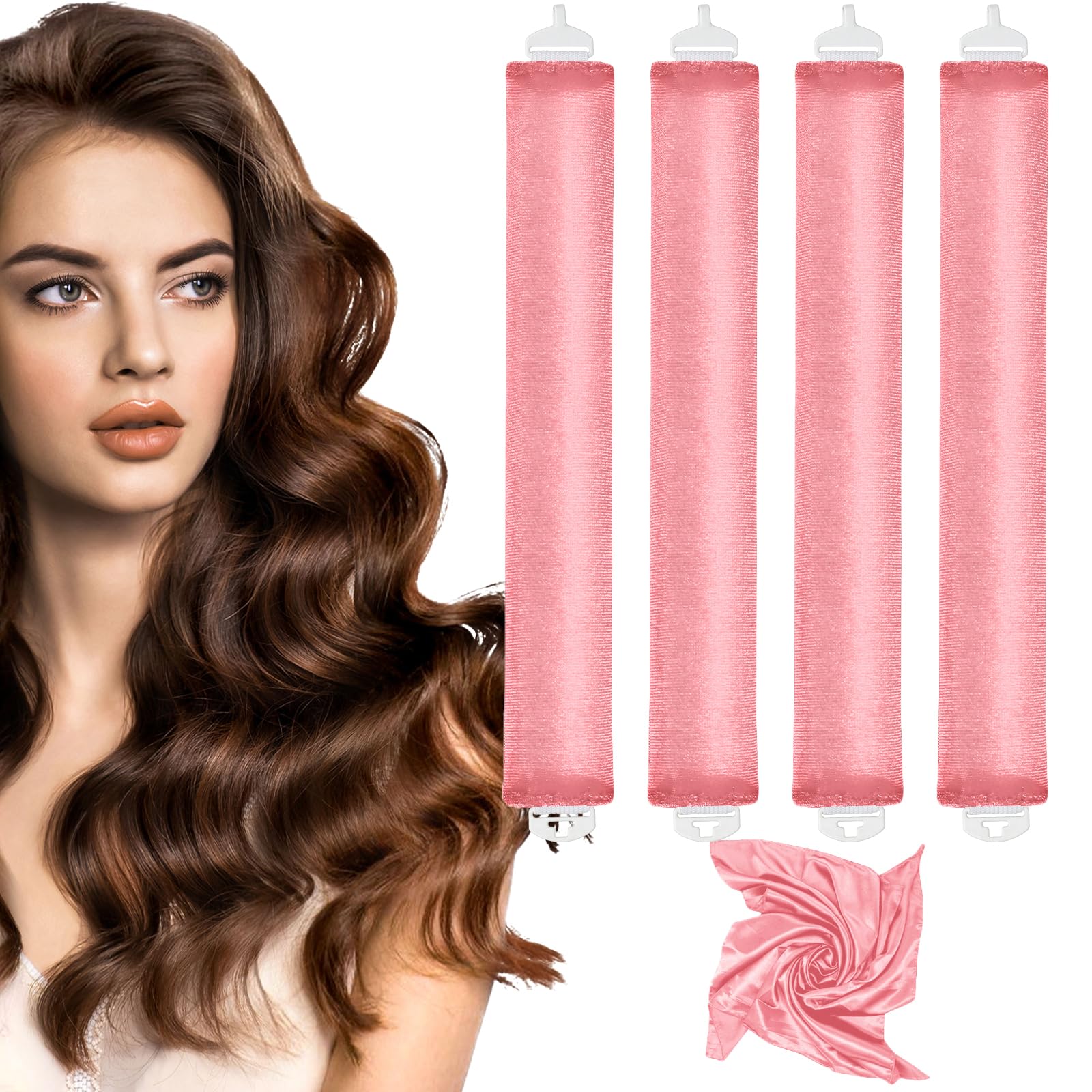 Heatless Lockenwickler, Heatless Locken über Nacht Set für Frauen, weiche Lockenwickler zum Schlafen, Jumbo No Heat Hair Curlers Set mit Kopftuch und Haken für langes Haar (Rosa, 4 Packungen)