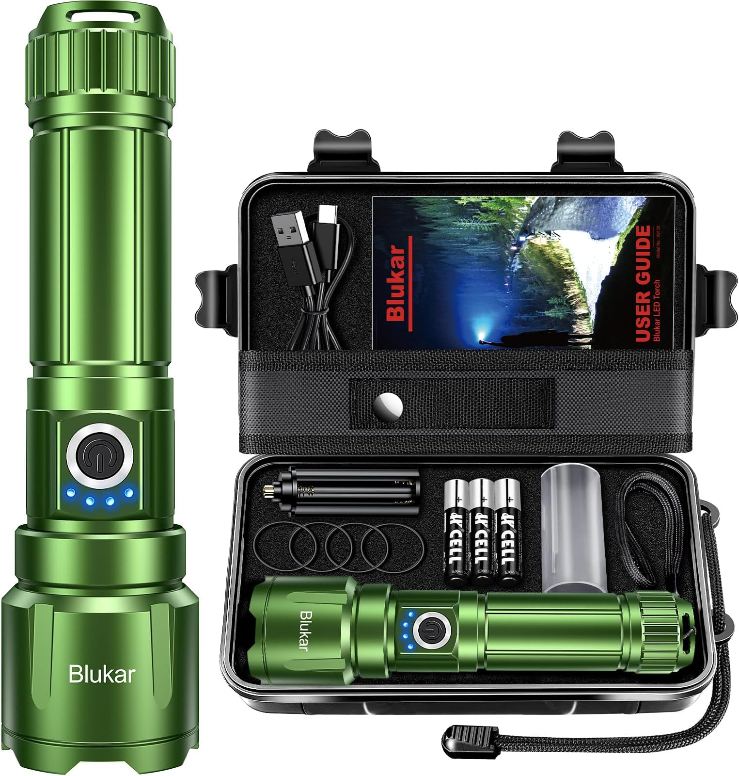 Rechargeable Flashlight High Lumens, Super Bright LED Powerful Tactical Torch - 5 Light Modes, Zoomable, Long Lasting, Waterproof Handheld Flash Light for Emergency, Camping, Hiking-Green