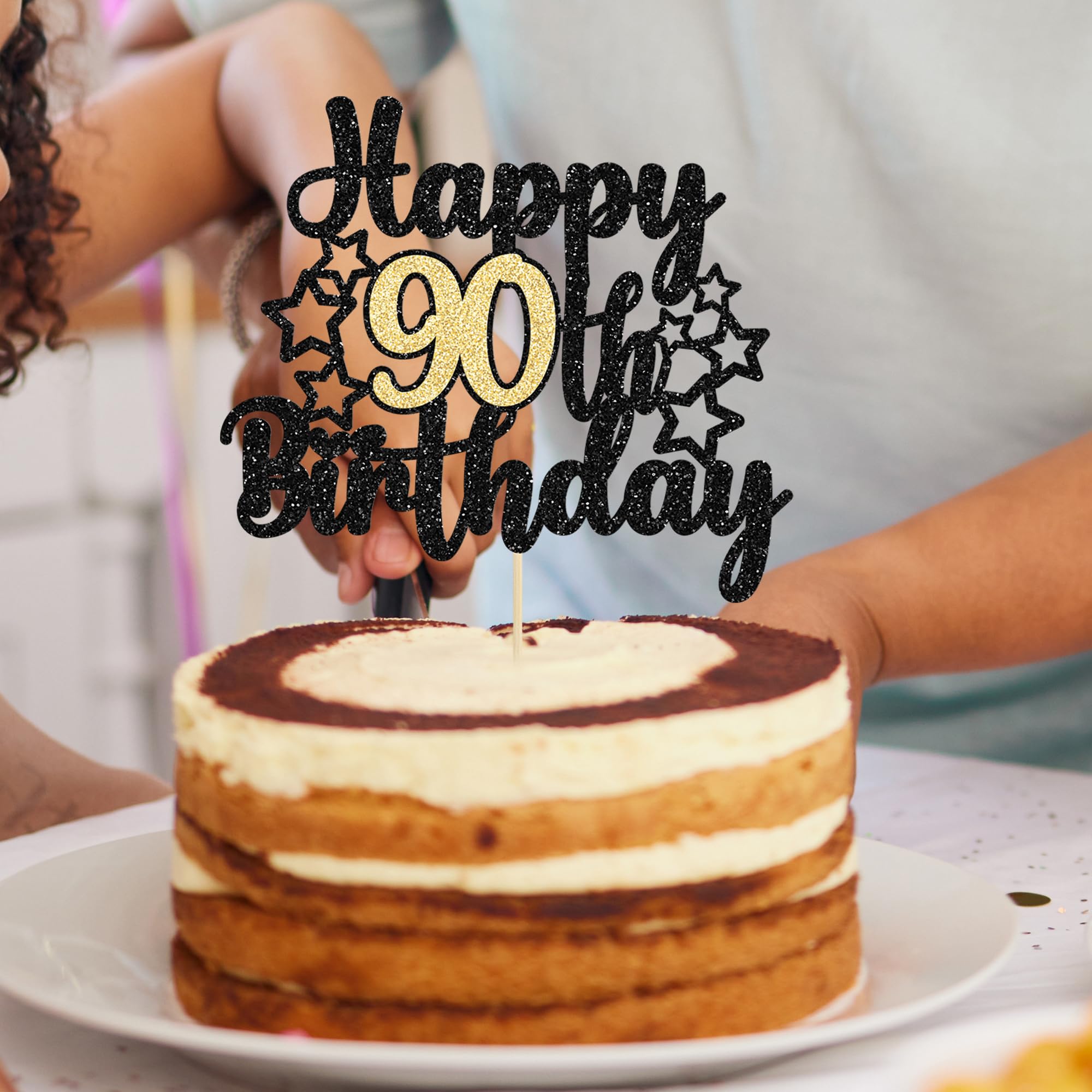 Xsstarmi Confezione da 1 topper per torta con scritta Happy 90th Birthday, glitterata, per 90° compleanno, compleanno, decorazioni per torte, colore: oro rosa