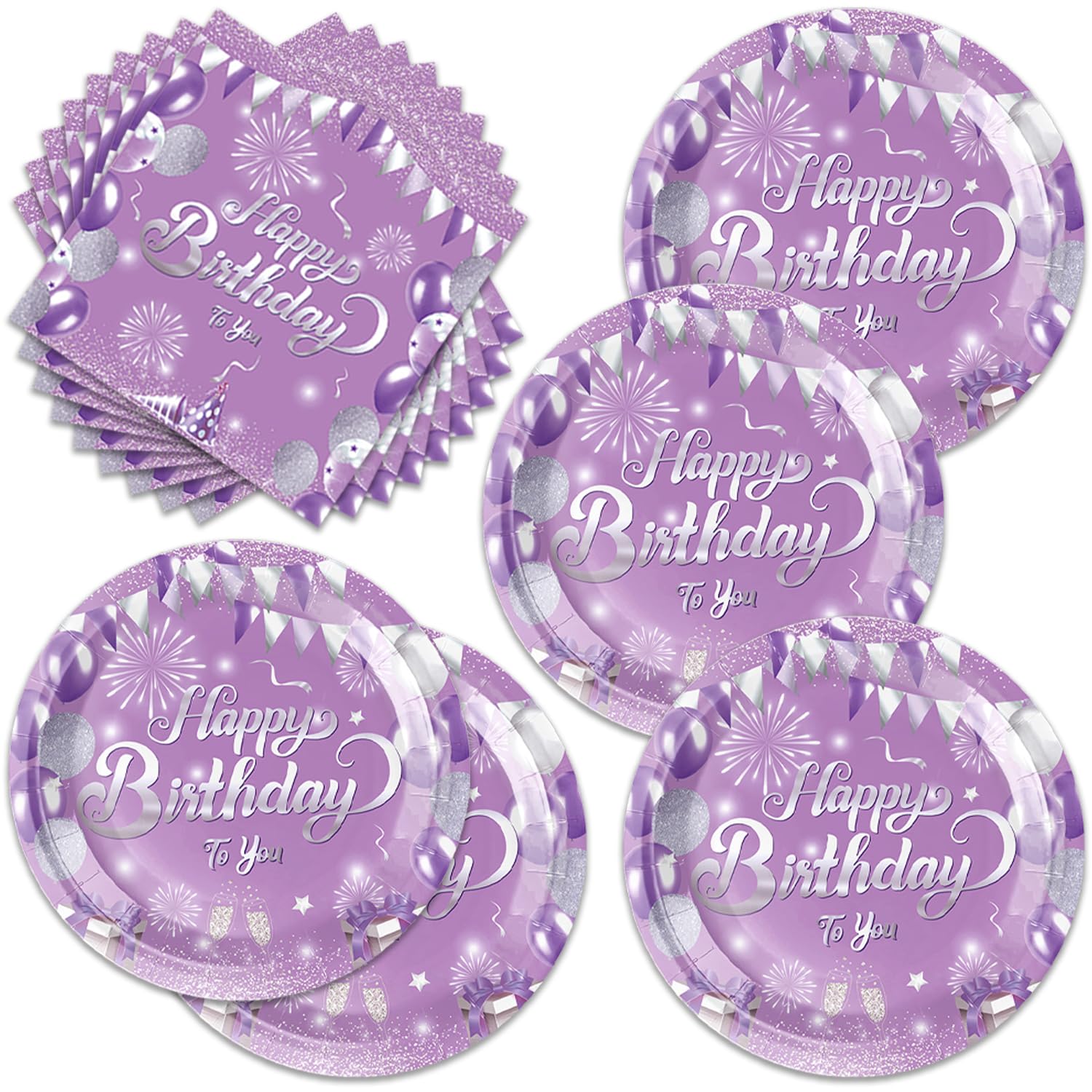 40Pcs Purple Birthday Party Supplies Purple Silver Tableware Confetti Sprinkles Plates and Napkins for Girls Women Men Happy Birthday Party