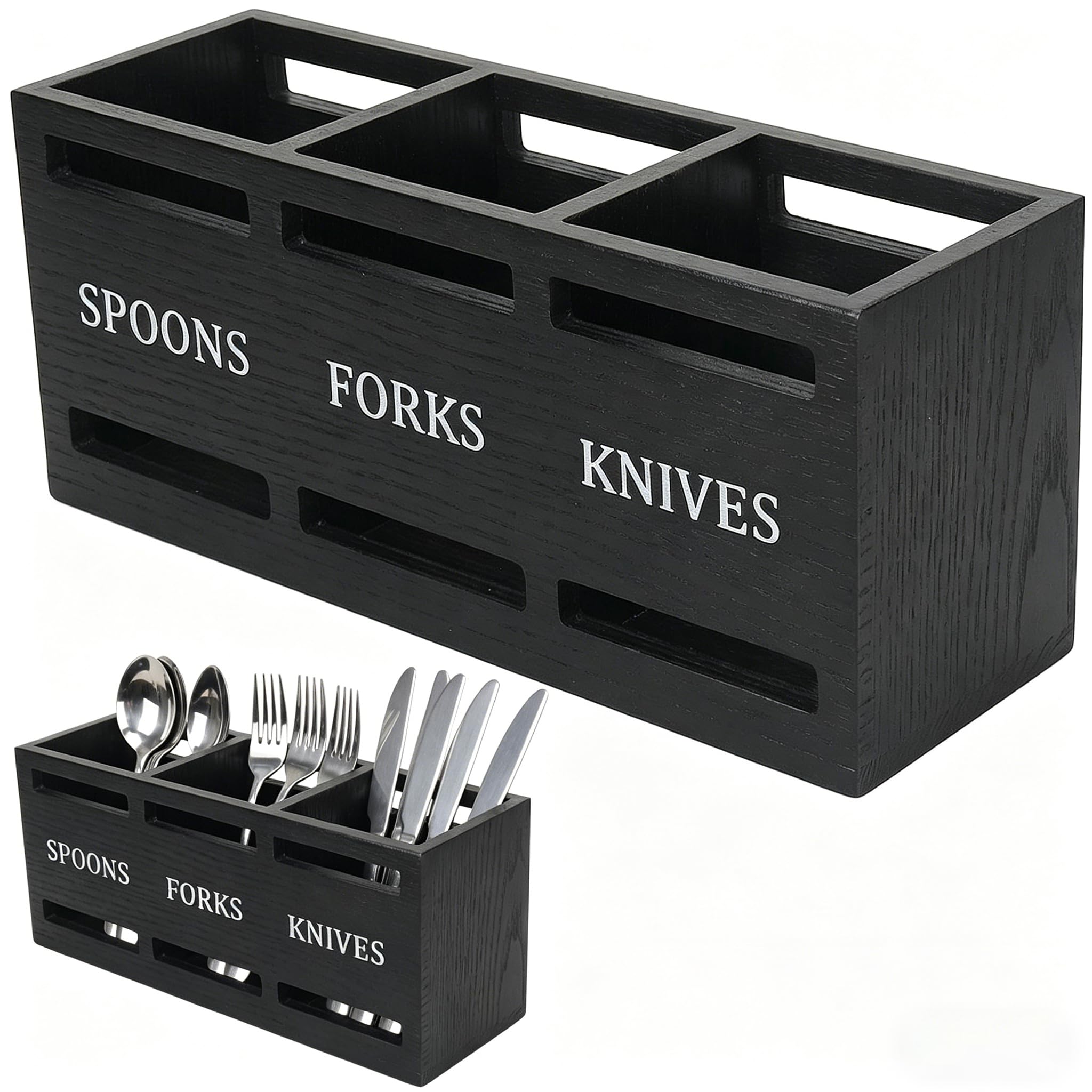 Vurixfo Black Kitchen Utensils Holder, Rustic Wooden Cooking Utensil Organizer With 3 Compartments Fork Knife Spoon Holders Farmhouse Utensil Organiser Cutlery Caddy For Kitchen Countertop,
