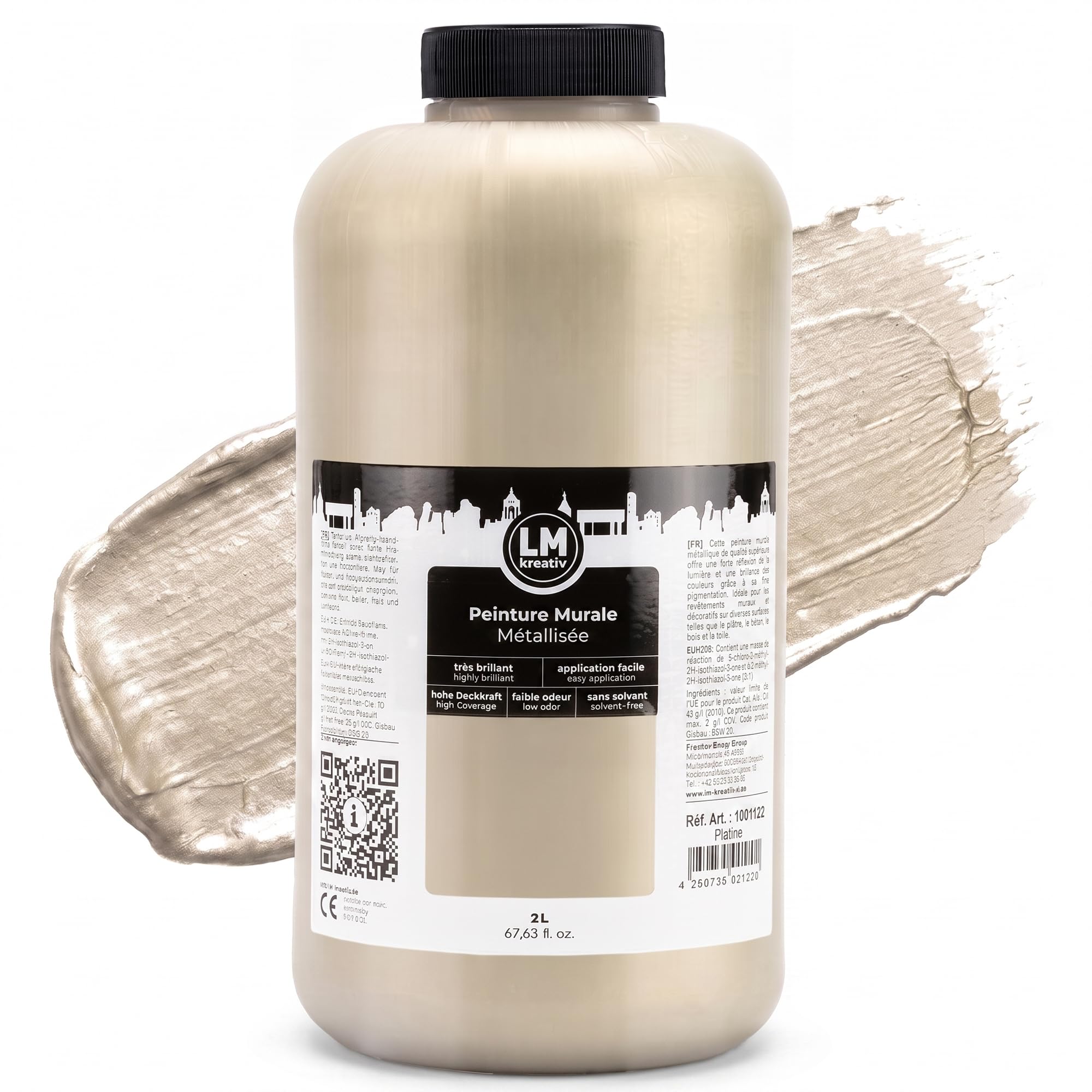 LM Peinture Murale Métallique 2L – Platine – Éclat Métallique Époustouflant pour Intérieurs Élégants, Application Facile, À Base d'Eau, Idéale pour Projets Muraux Créatifs & DIY