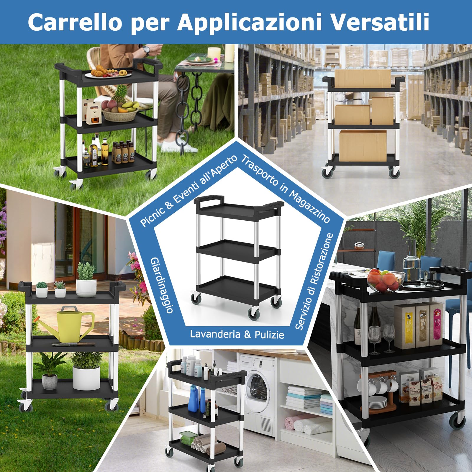 RELAX4LIFE Carrello di Servizio a 3 Livelli, Carrello in Alluminio con Ruote Universali e Bloccabili, Mobile per Cucina, Soggiorno, Ristorante, Hotel, Ufficio