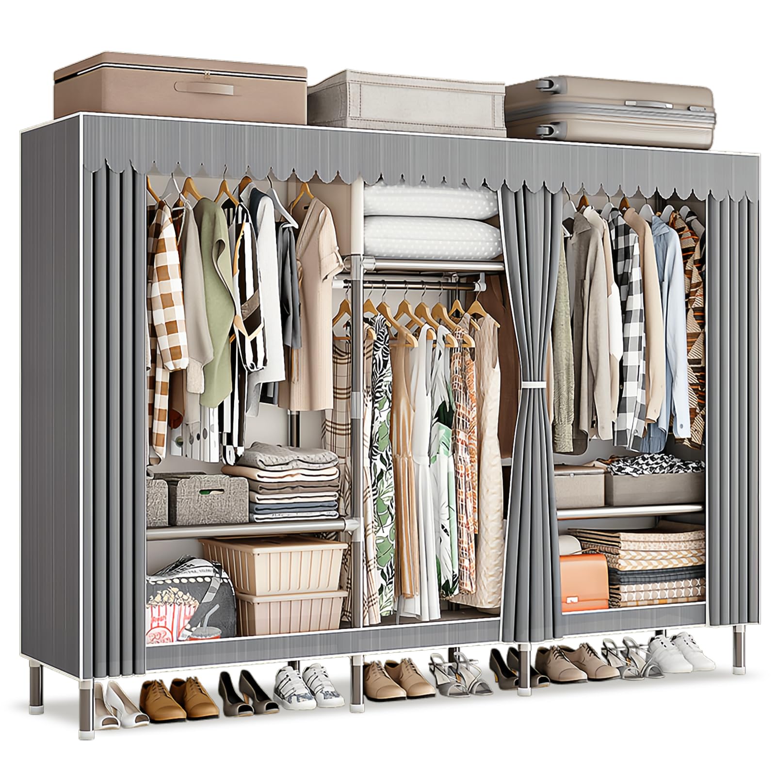 DXDRT Armadio Guardaroba Portatile, Armadietto Porta Abiti Con Appendiabiti E 3 Cassetti, Organizzatore Porta Abiti In Tessuto Non Tessuto Per Camera Da Letto, Assemblaggio Senza Utensili,Beige