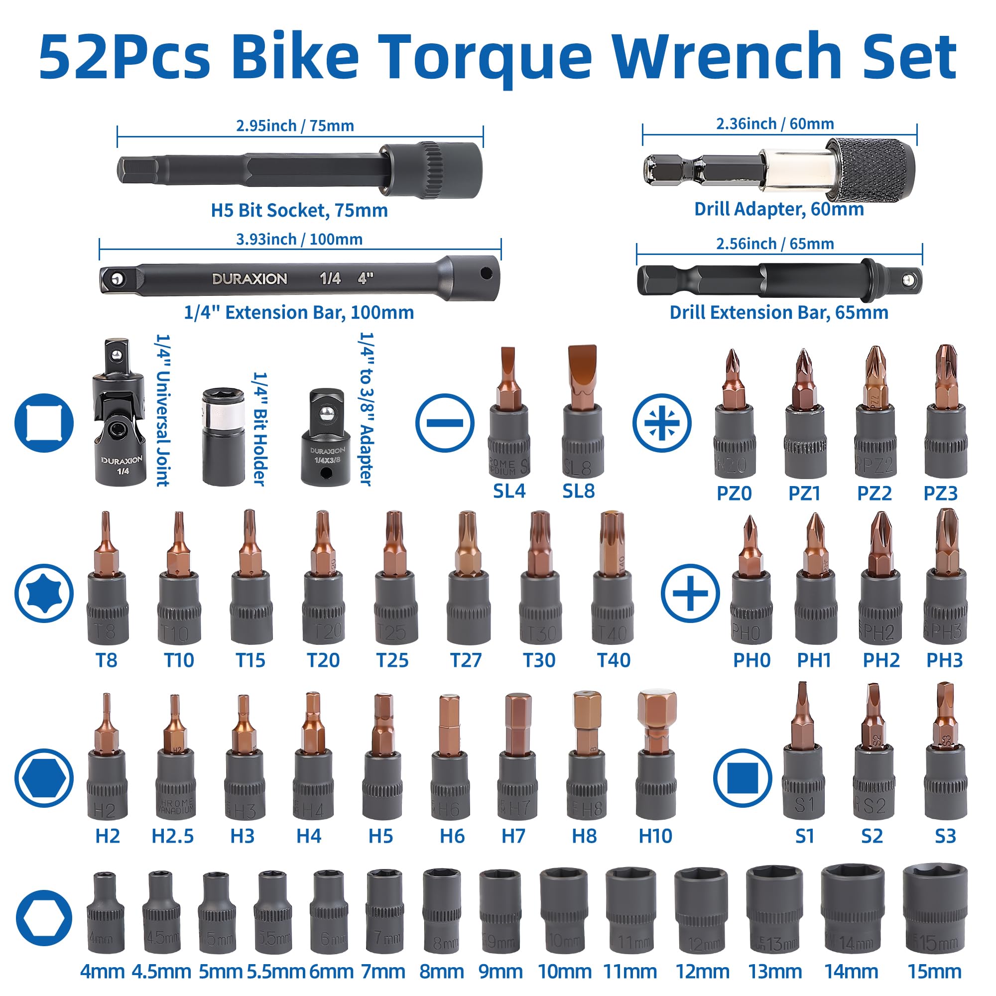 Set di 52 chiavi dinamometriche per bicicletta, attacco da 1/4", 20-240 pollici (2,3-27 Nm)