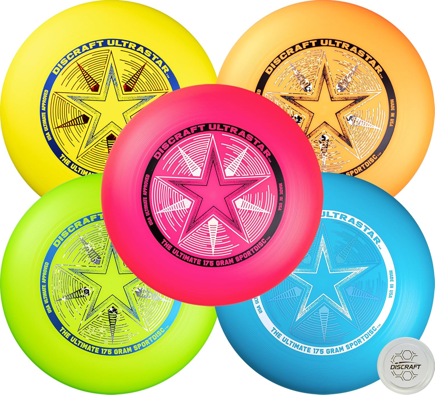 Discraft Ultrastar Neon 5-Pack | Premium Ultimate Discs - Neon Pink, Yellow, Cobalt Blue, Green, and Orange