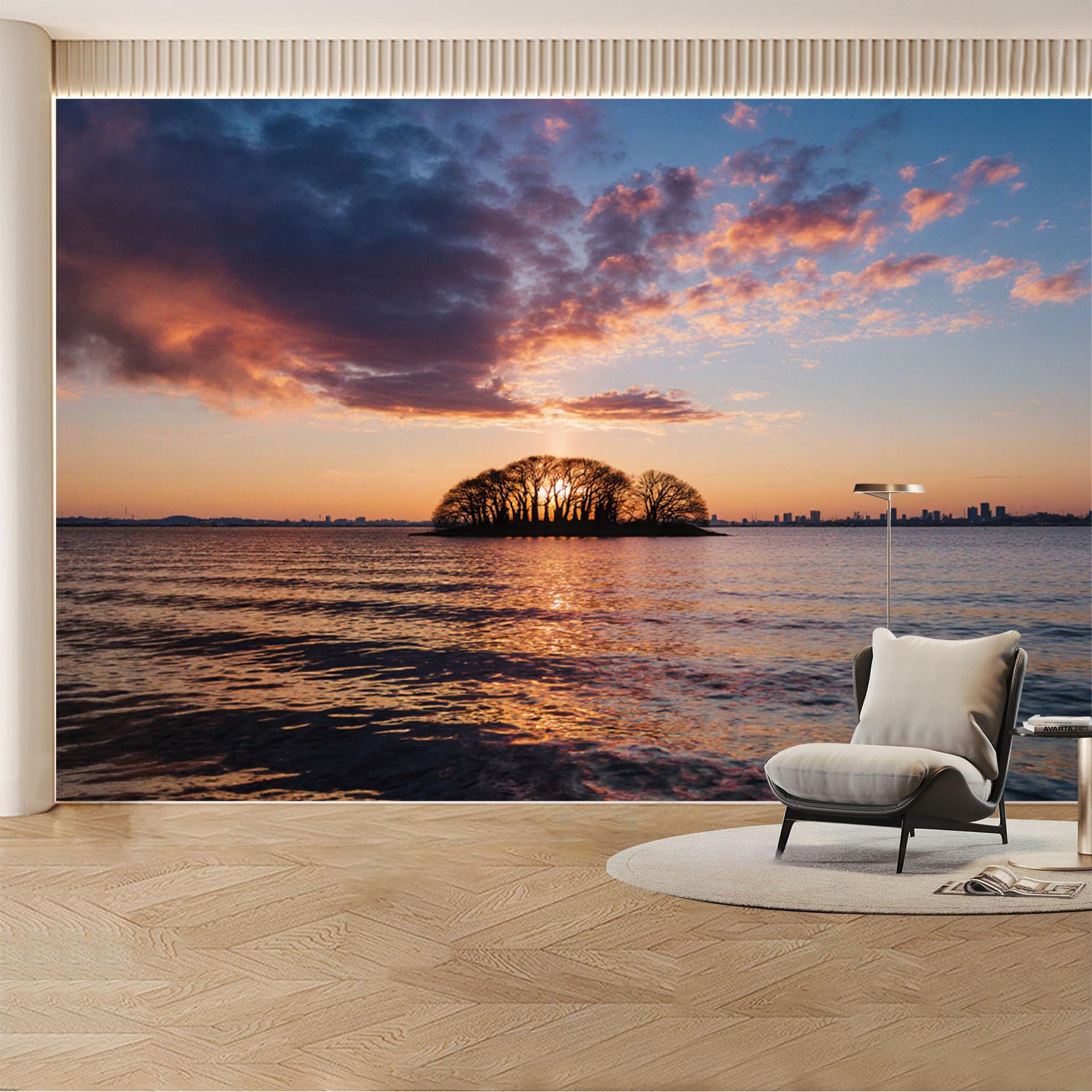 Custom Wall Mural Wallpaper Island Tree Silhouette， Landscape Nature 3D Effect Wall Decor， Sunset Misty Removable SelfAdhesive Large Photo for Living Room， Bedroom， Office