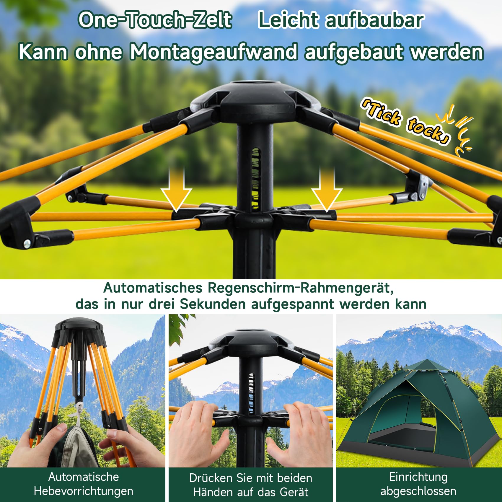 Camping Zelt Automatisches für 2-3 Personen | Sekundenschneller Pop-Up-Aufbau ohne Werkzeug mit UV-Schutz & abgedichteten Nähten