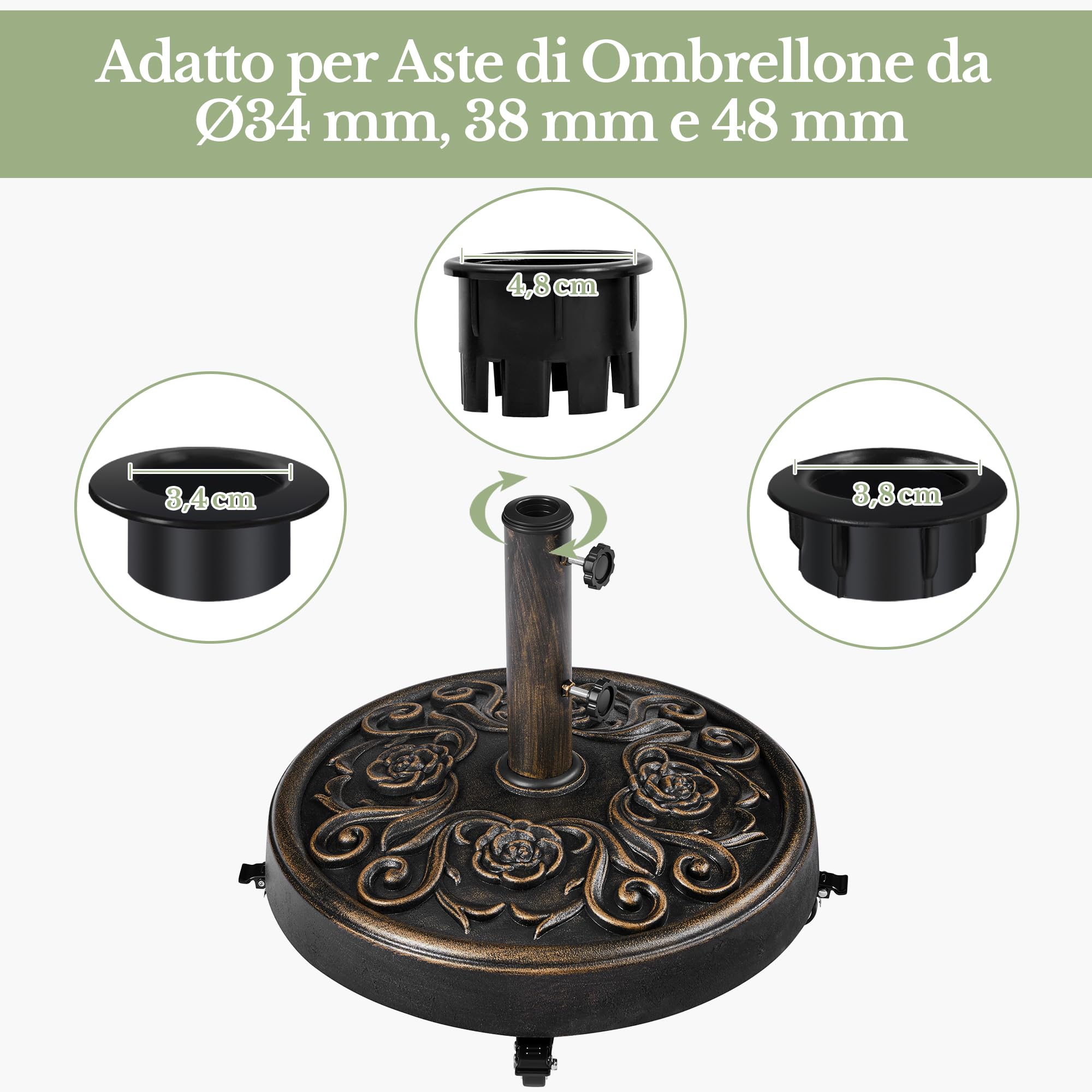 Yaheetech Base per Ombrellone da Giardino con Ruote Base Autoportante Rotonda in Stile Rustico Vintage con Motivo a Rose per Esterno Spiaggia Terrazzo (Bronzo)