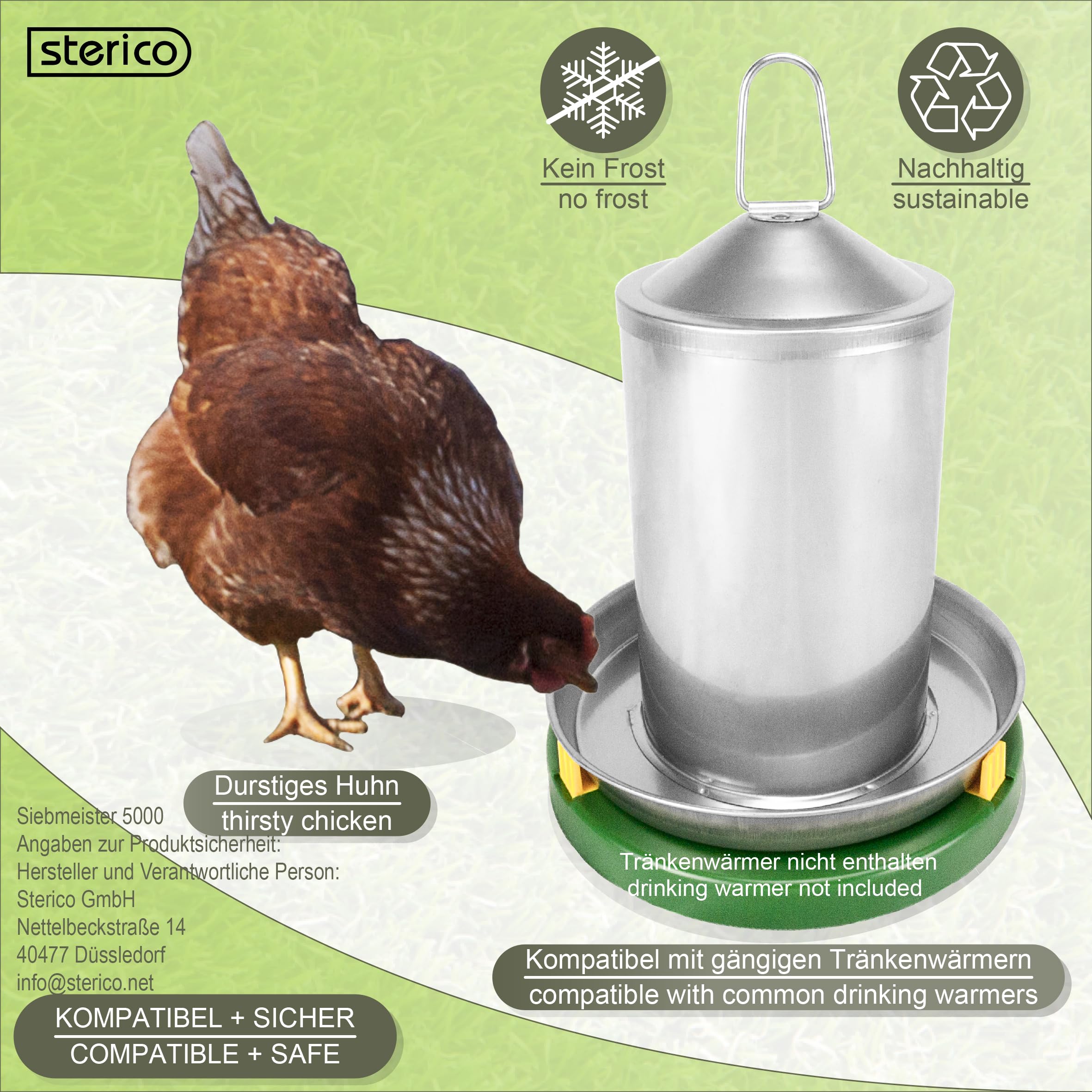 Sterico Abbeveratoio per polli, in acciaio inox 304, antiruggine, senza BPA, senza bordi pericolosi, a prova di troppopieno, sospeso e posizionabile, erogatore d'acqua per polli, 3 l