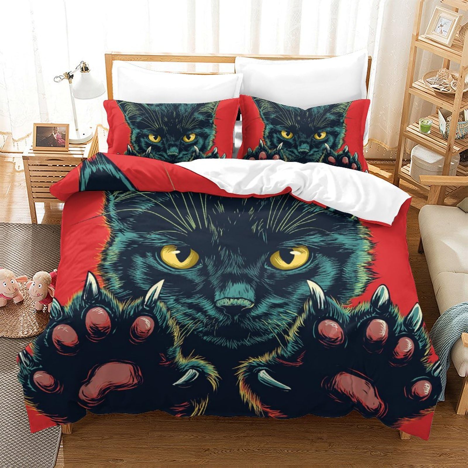 Housse de couette chat 3D 220x240 cm en microfibre avec taies d'oreiller pour lit King